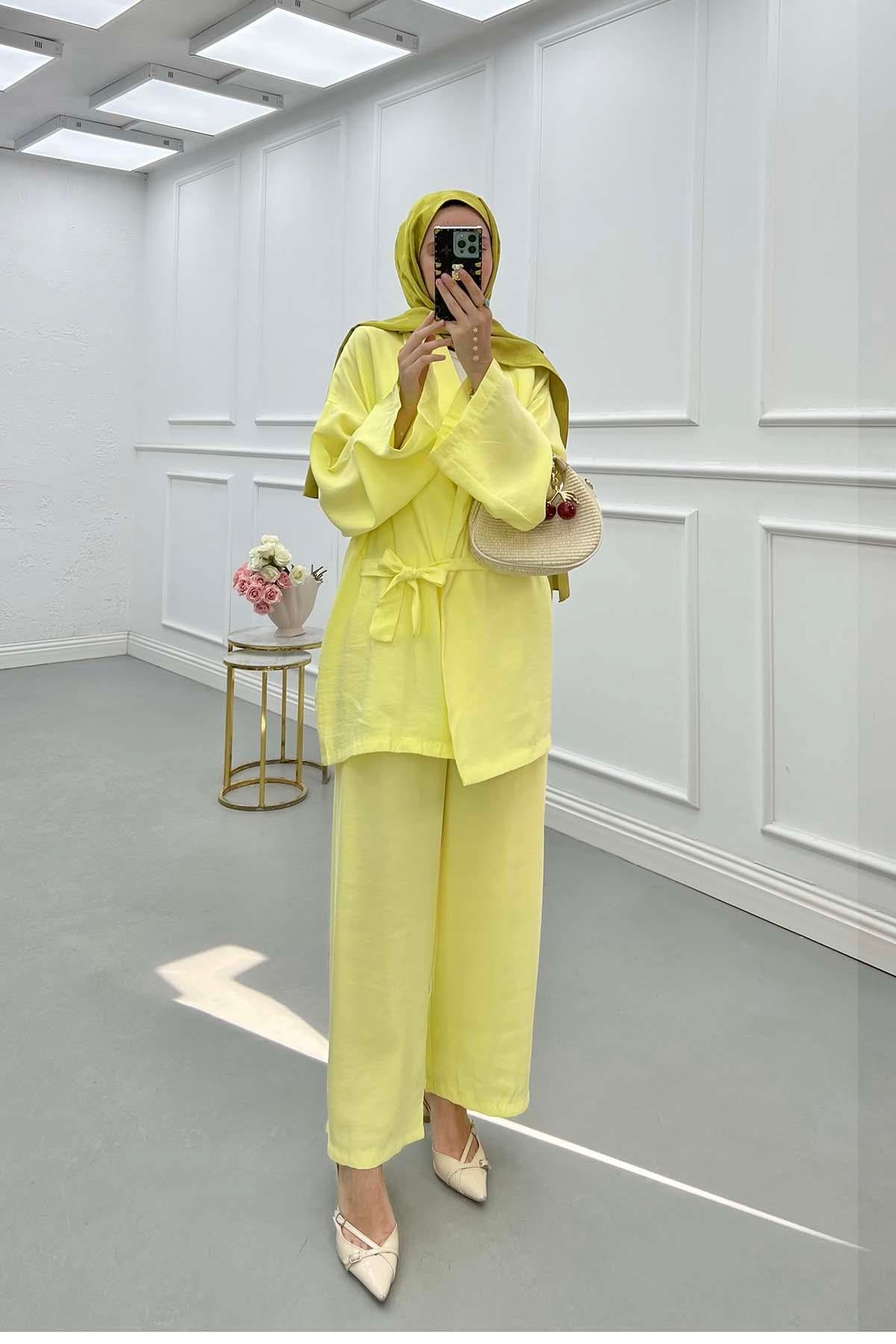 Kuşaklı Ceket Kimono Takım Sarı