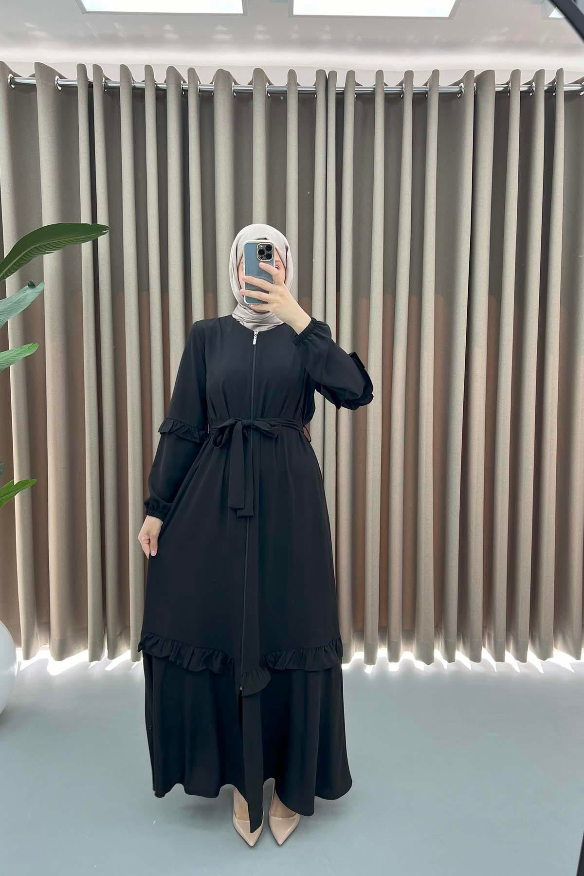 Kuşaklı Fırfırlı Ferace Siyah