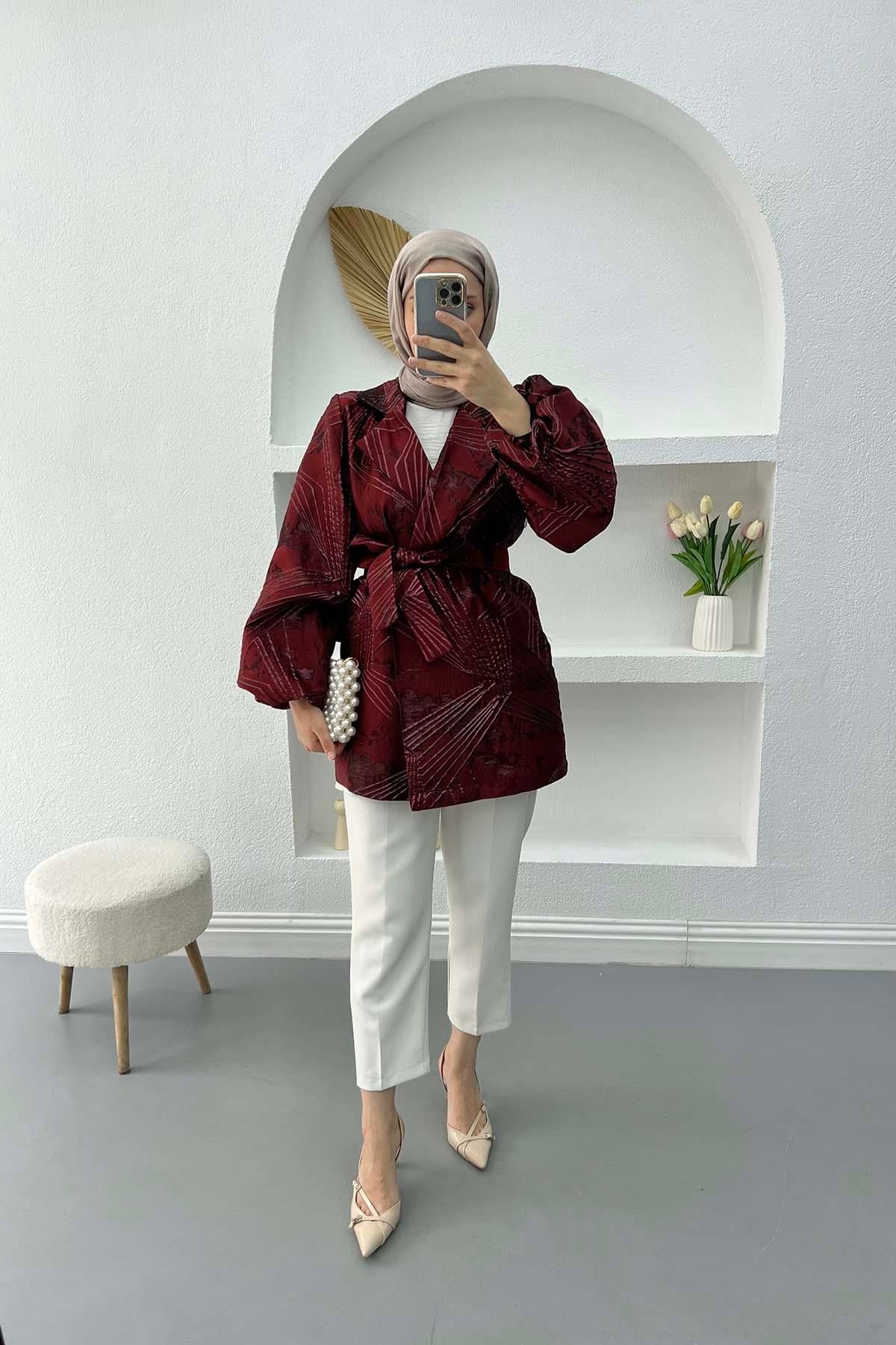 Kuşaklı Jakarlı Ceket Bordo