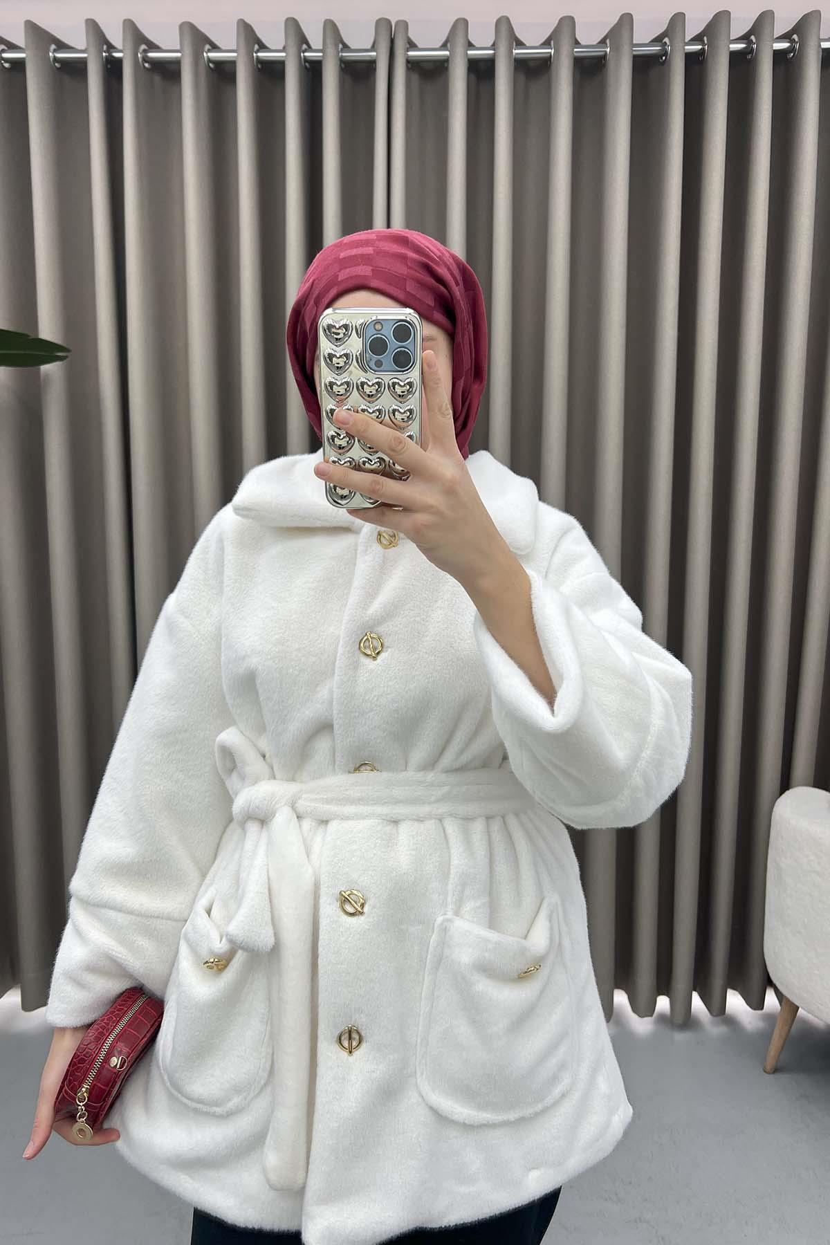 Kuşaklı Peluş Kaban Beyaz