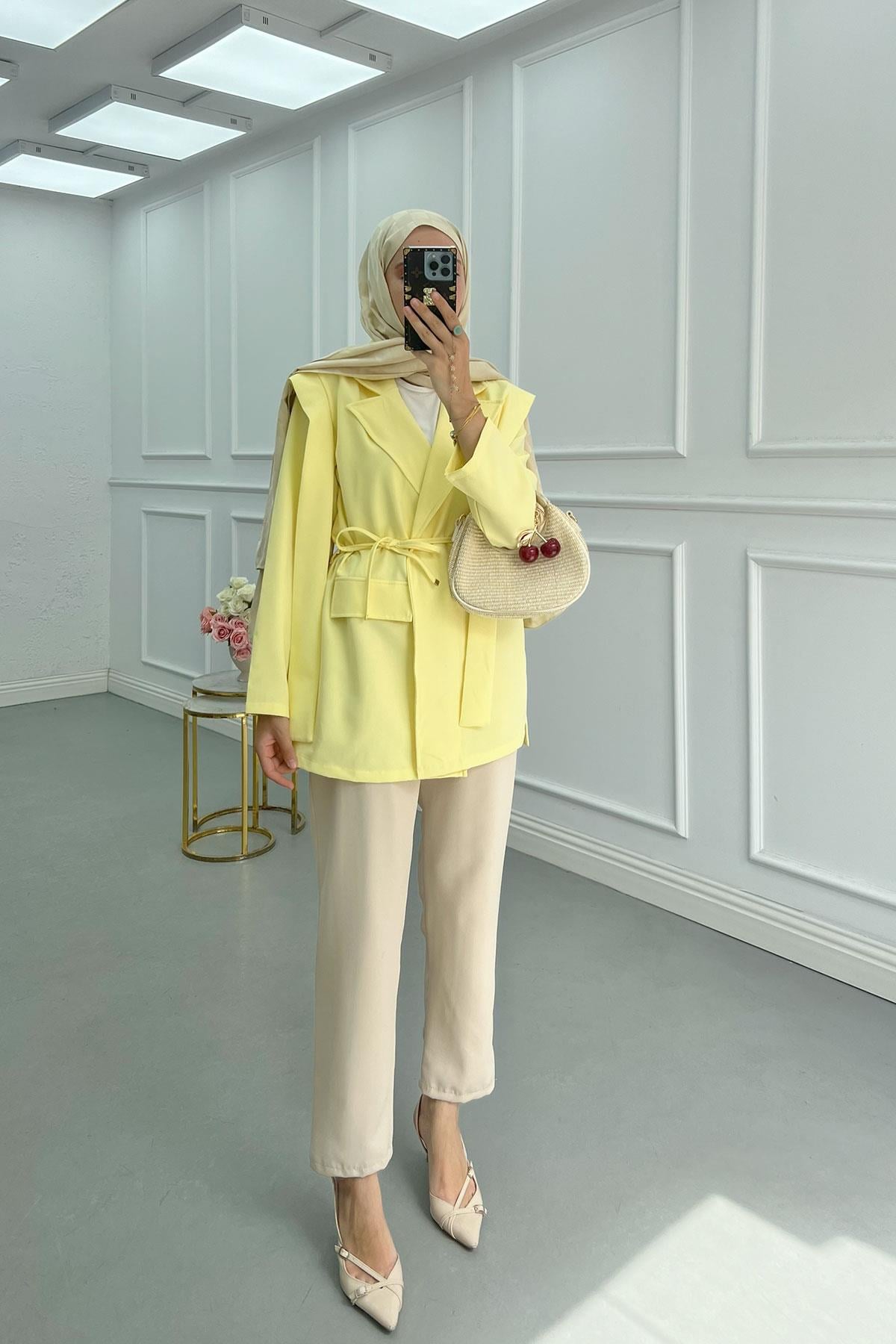 Kuşaklı Viral Ceket Sarı