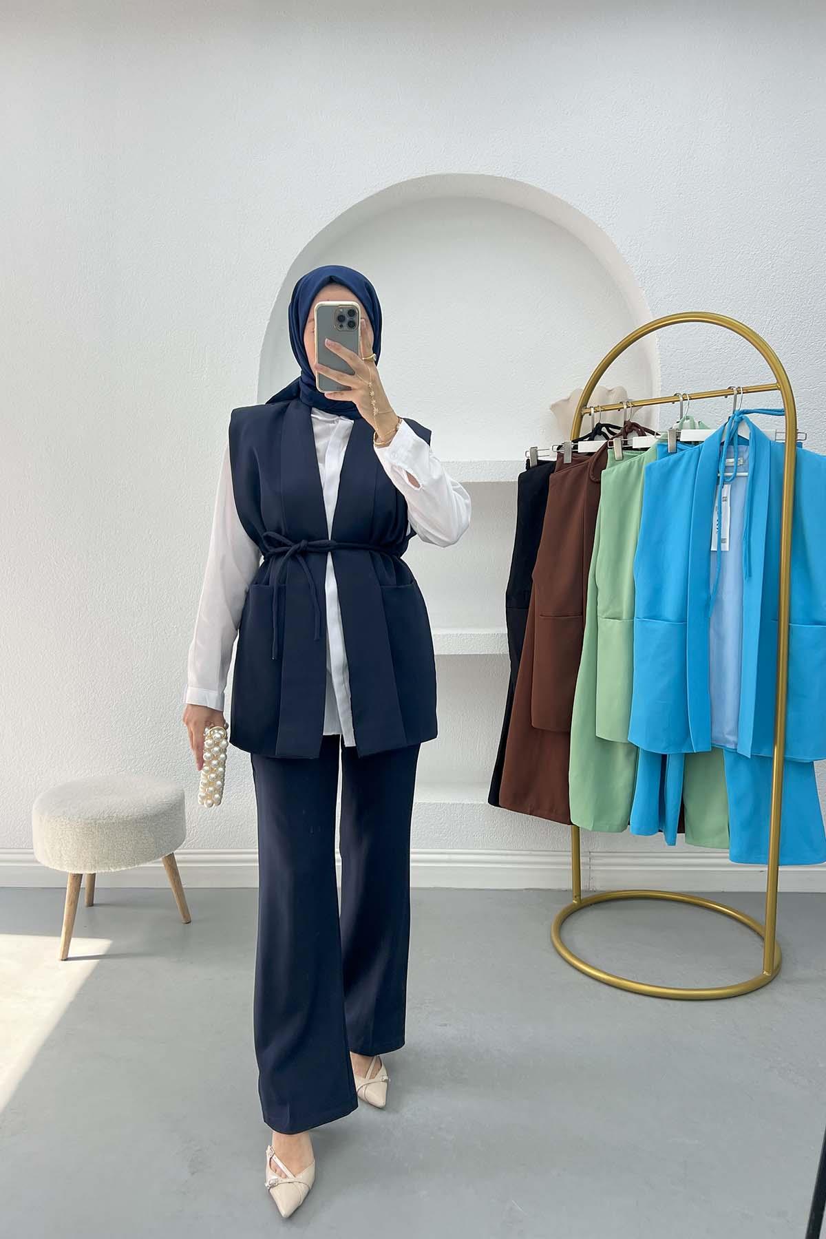 Kuşaklı Yelek Takım Lacivert