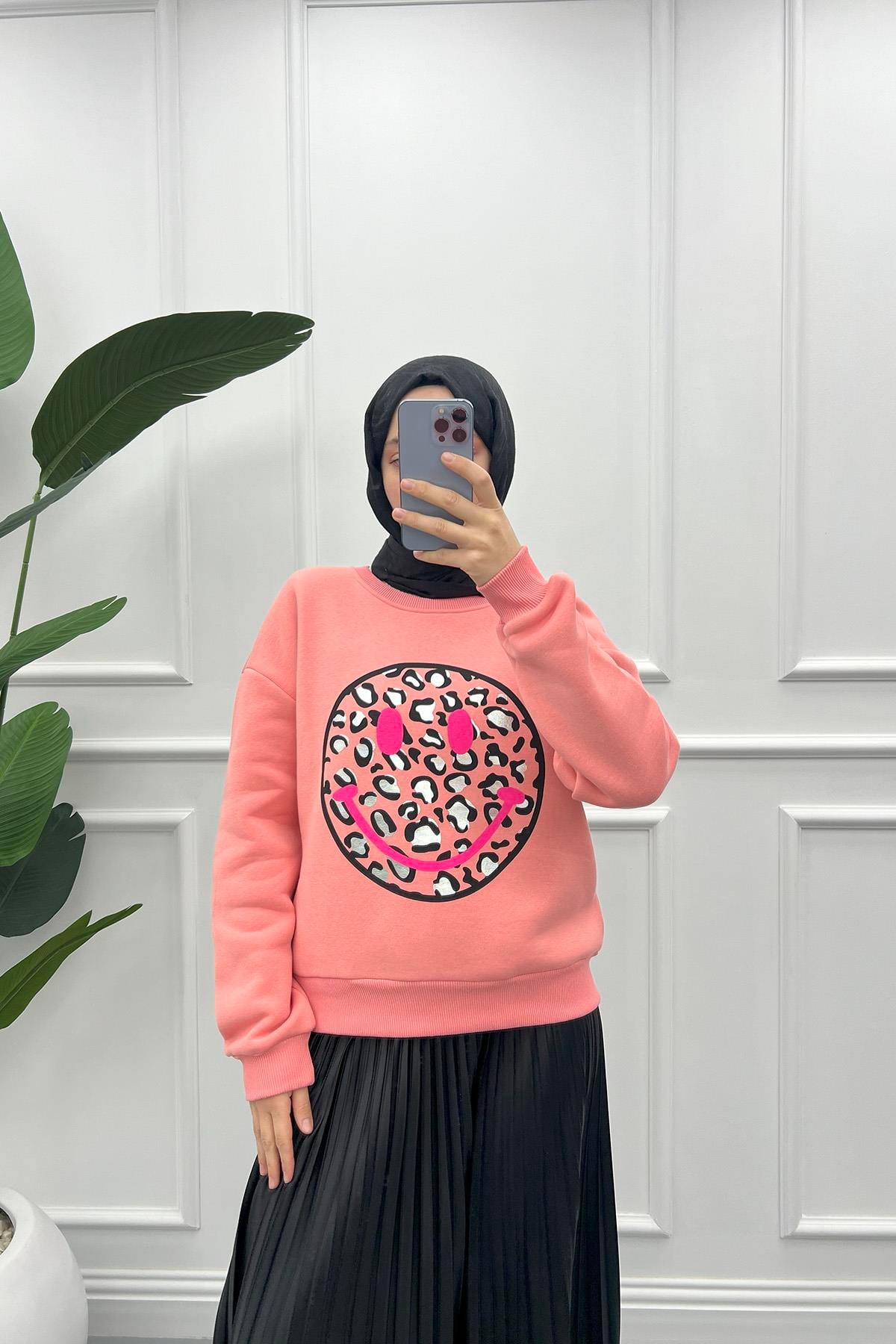 Leopar Desen Sweatshirt Pembe