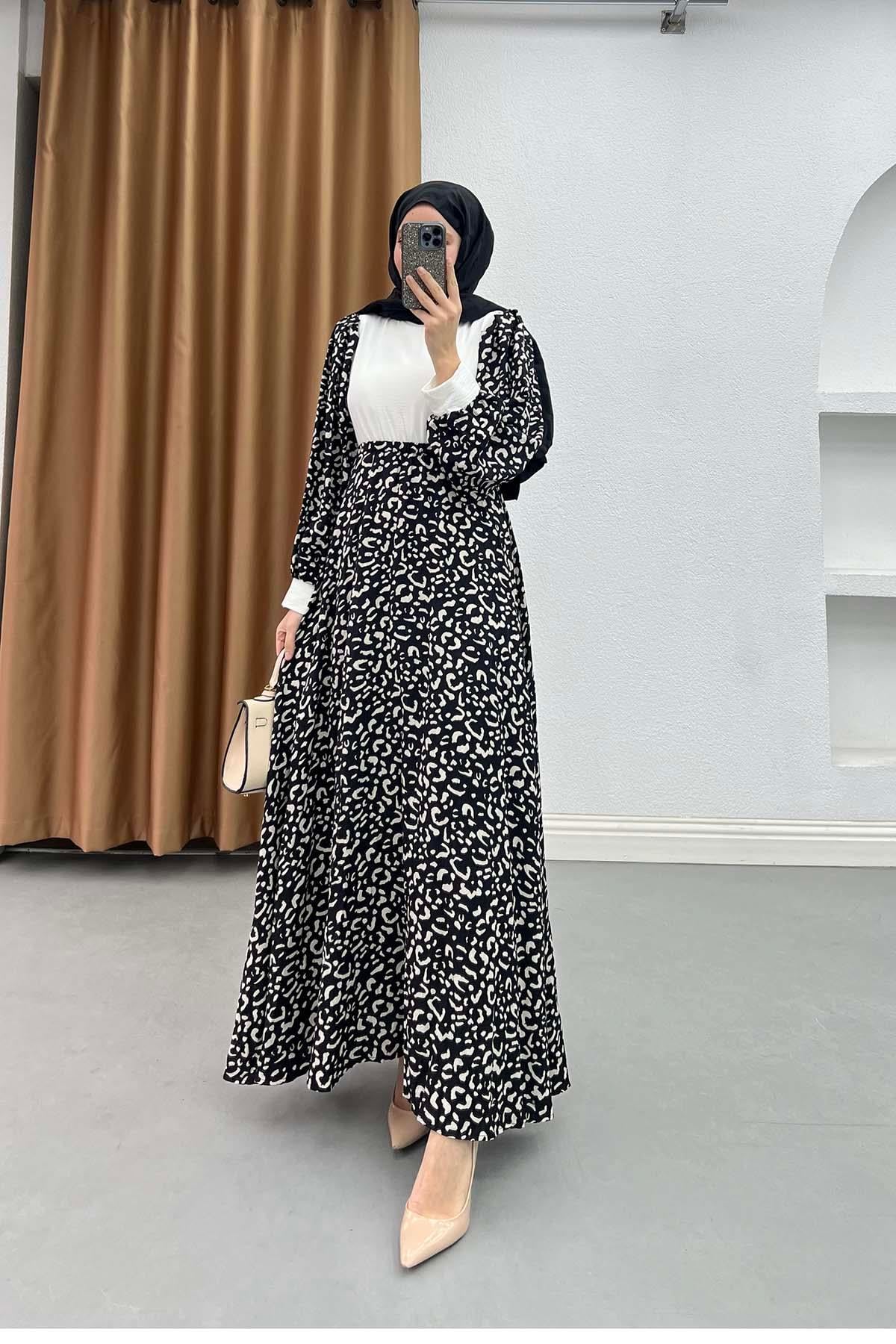 Leopar Desenli Elbise Siyah