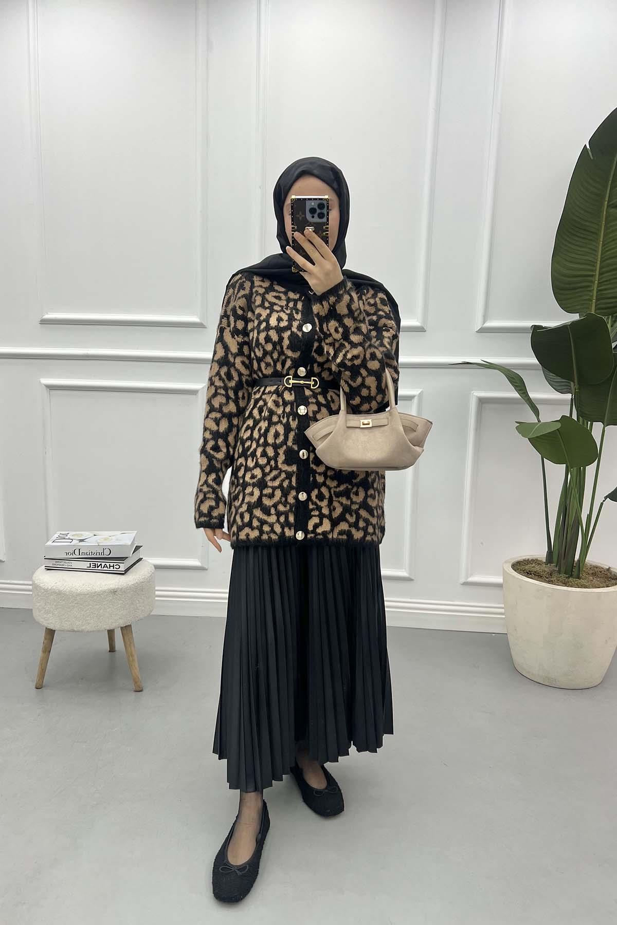 Leopar Desenli Hırka Siyah