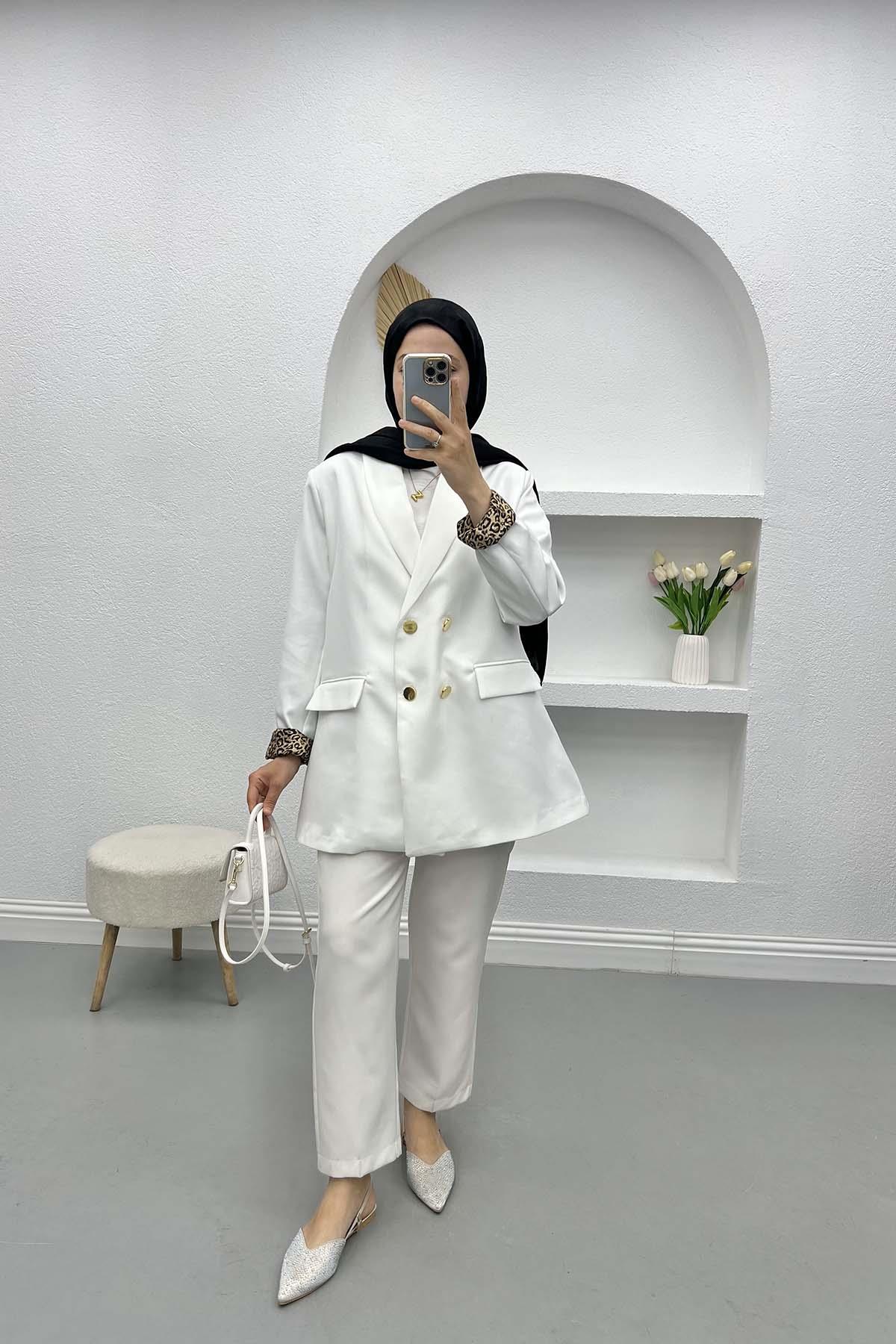 Leopar Detaylı Ceket Beyaz