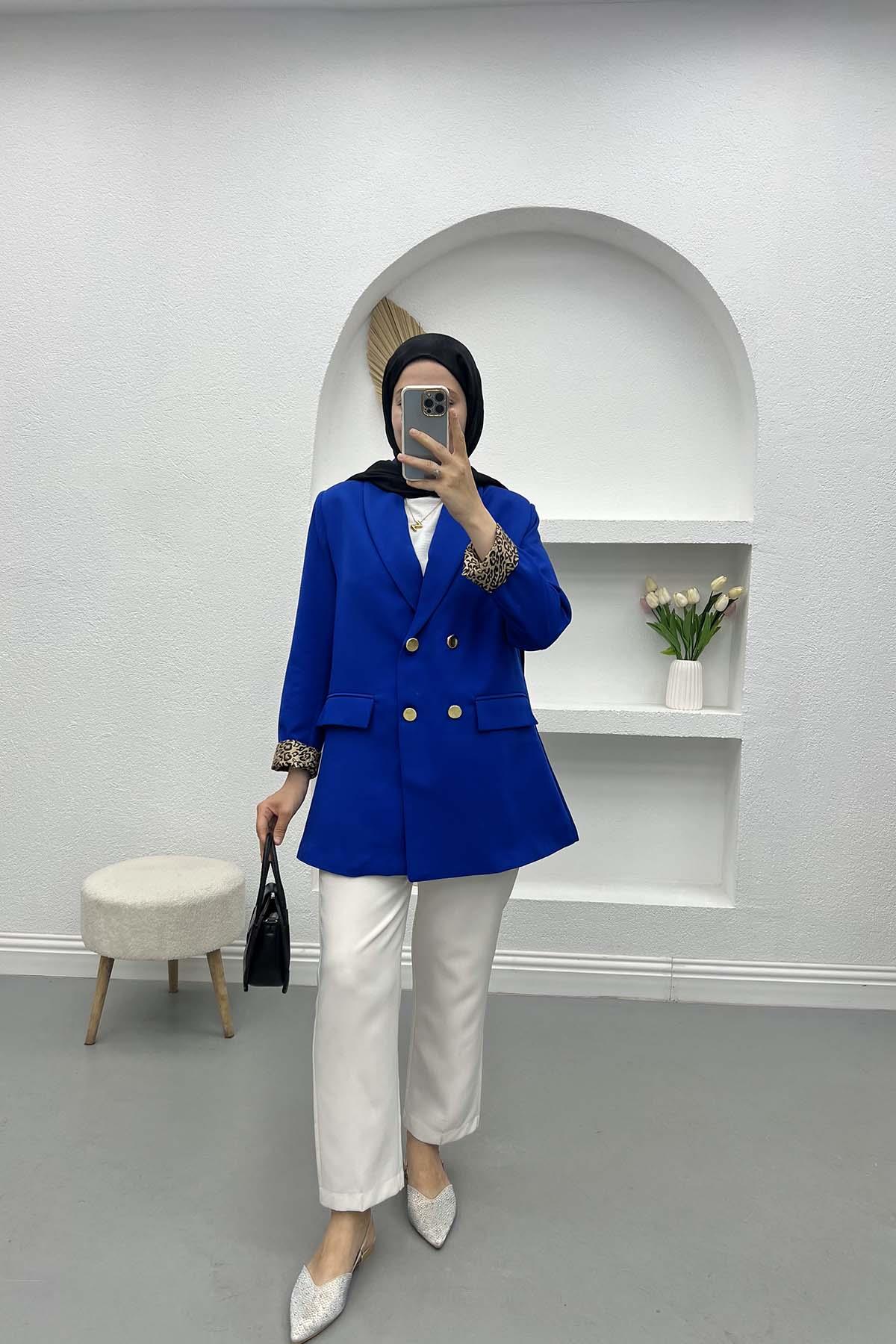 Leopar Detaylı Ceket Saks Mavi
