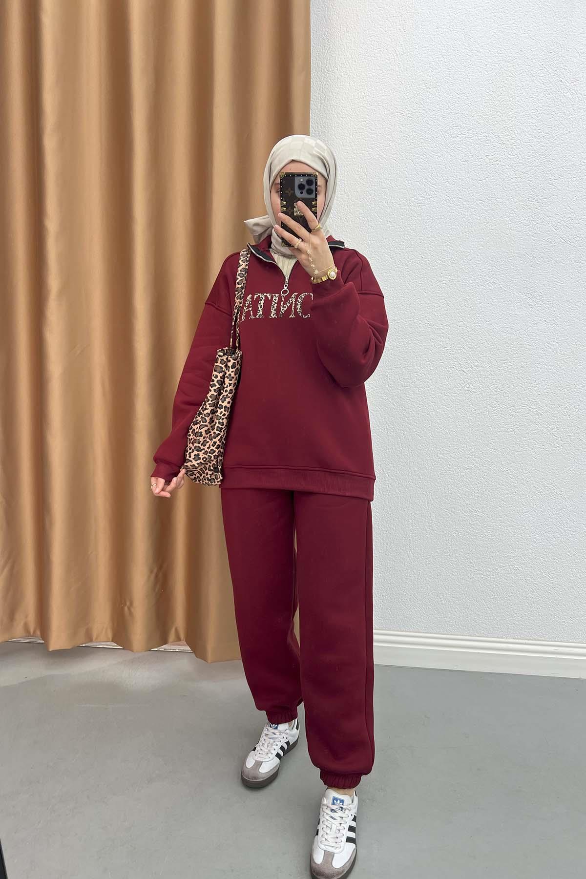 Leopar Detaylı Üç İplik Takım Bordo