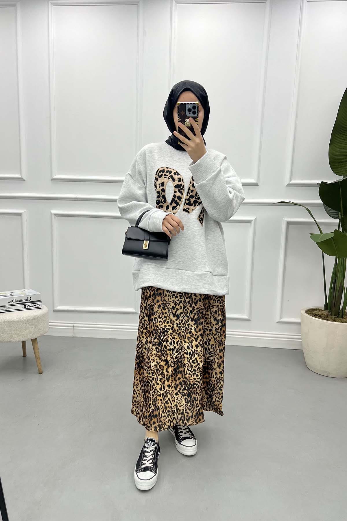 Leopar Yazılı Üç İplik Sweatshirt Gri