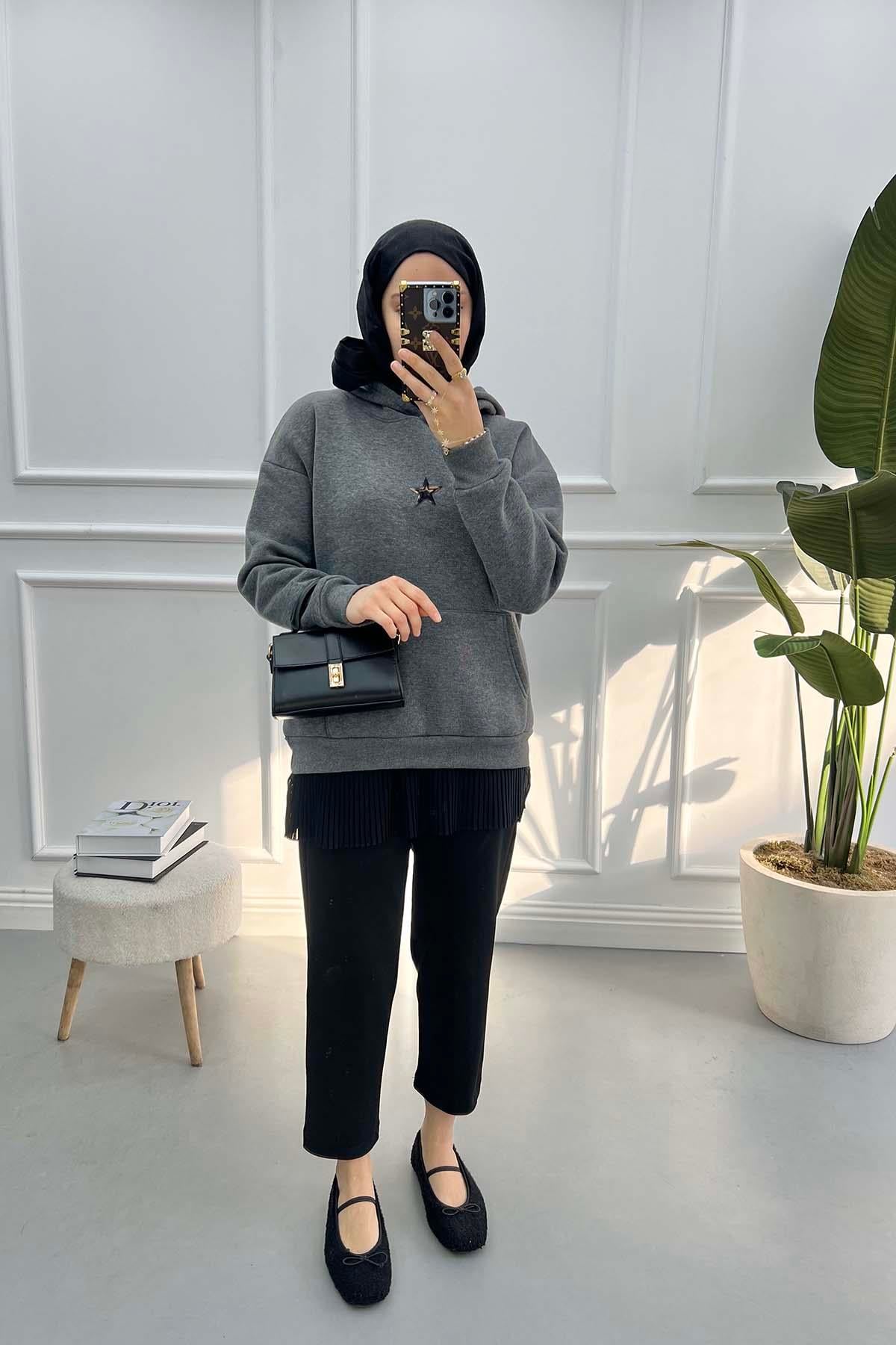 Leopar Yıldızlı Sweatshirt Koyu-Gri