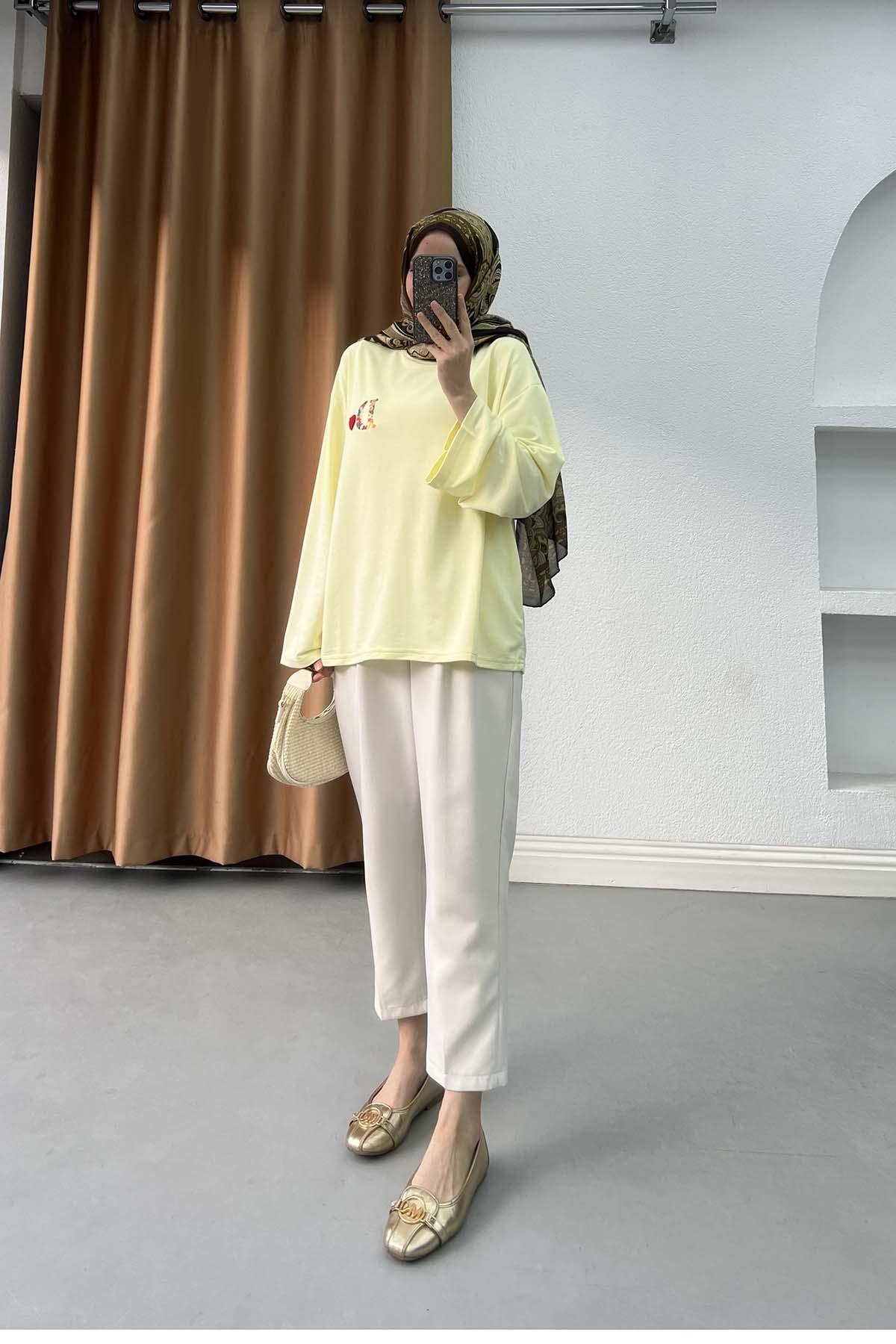Love &  Letter Nakışlı Oversize Sweatshirt Sarı