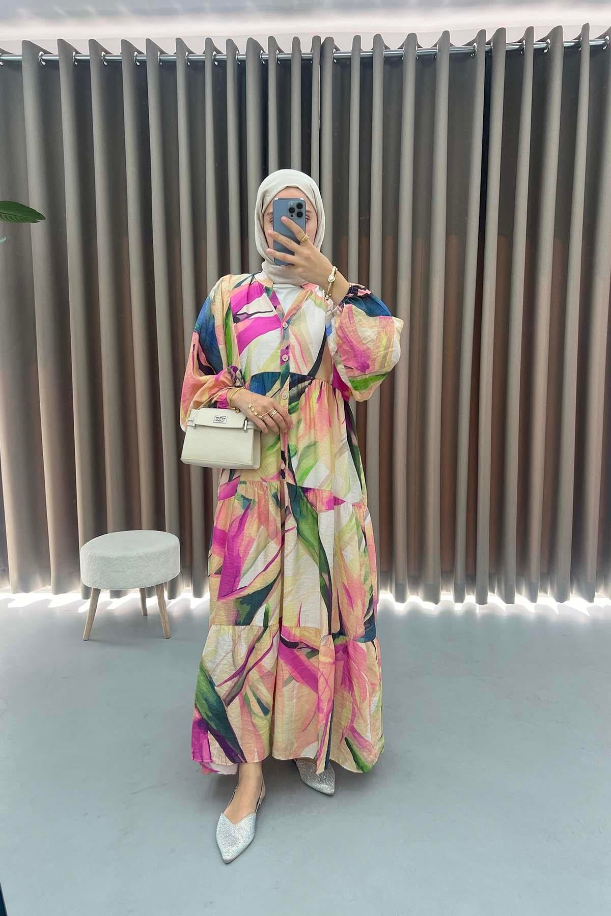 Mango Kumaş Desenli Elbise Fuşya
