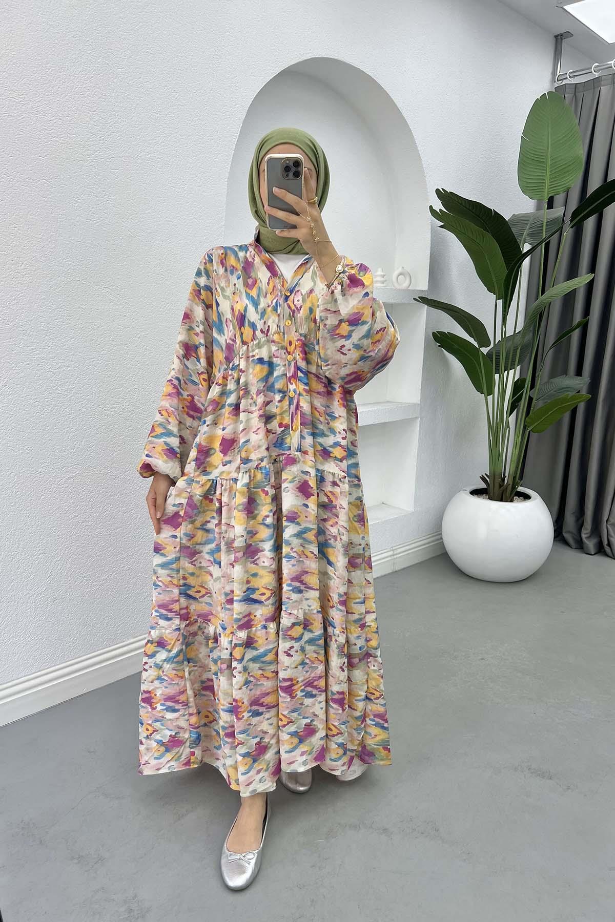 Mango Kumaş Desenli Elbise Mor