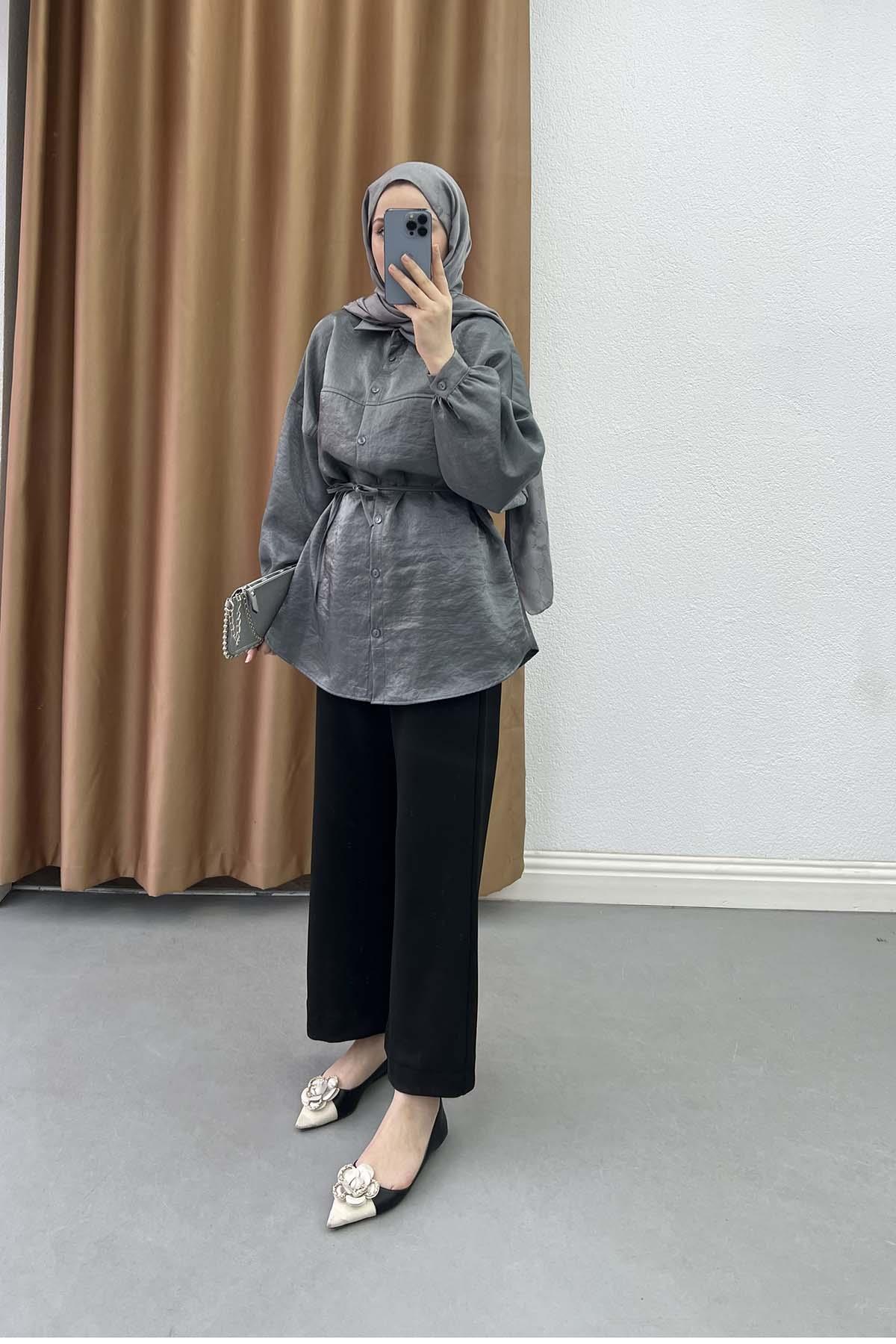 Metalik Işıltılı Oversize Tunik Gömlek Gümüş Gri