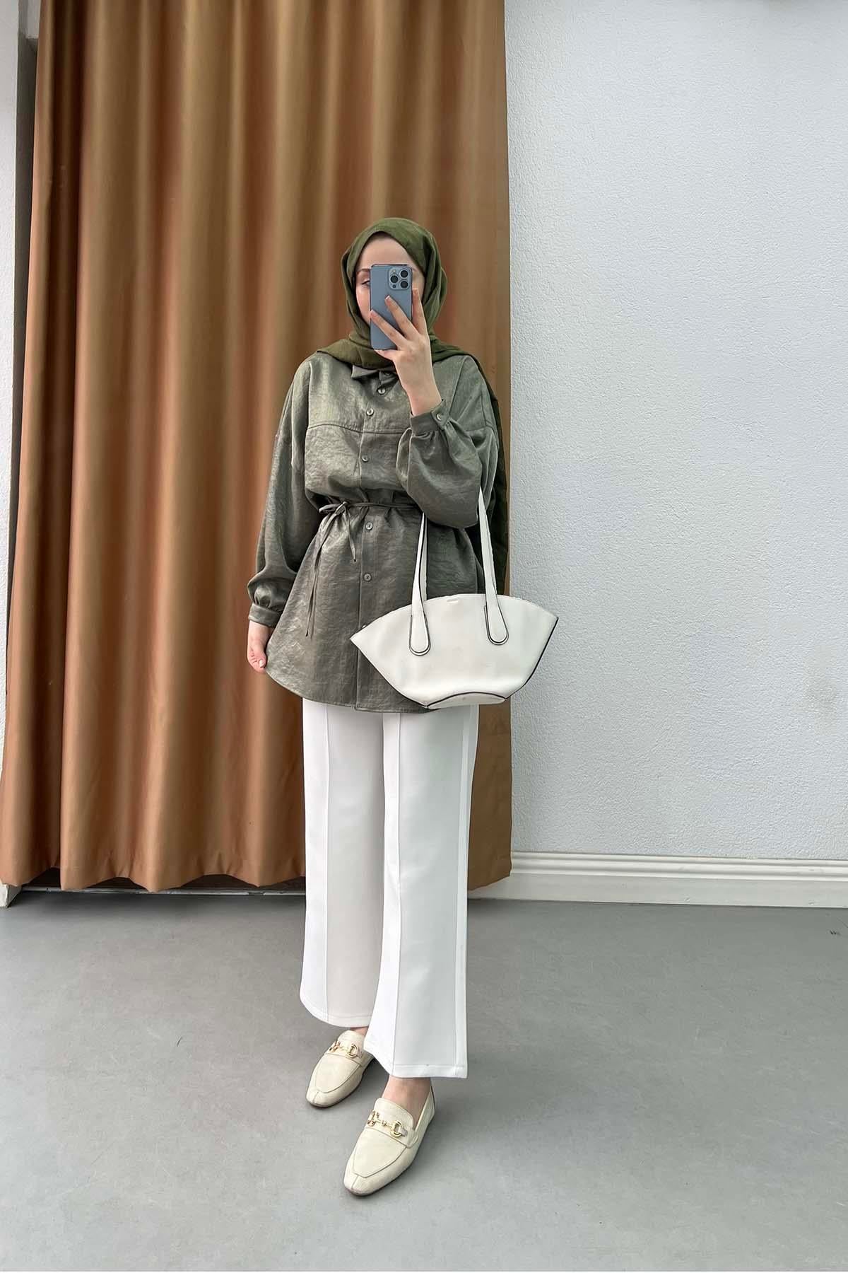 Metalik Işıltılı Oversize Tunik Gömlek Haki
