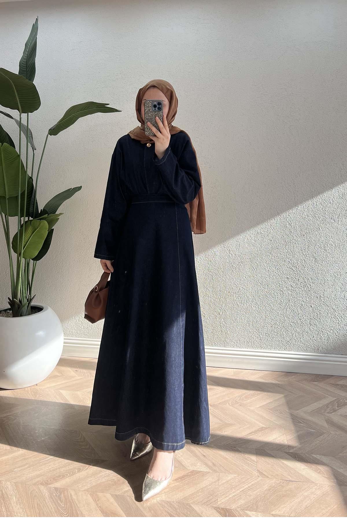 Minimalist Dikişli Gold Düğmeli Kot Takım Koyu Mavi