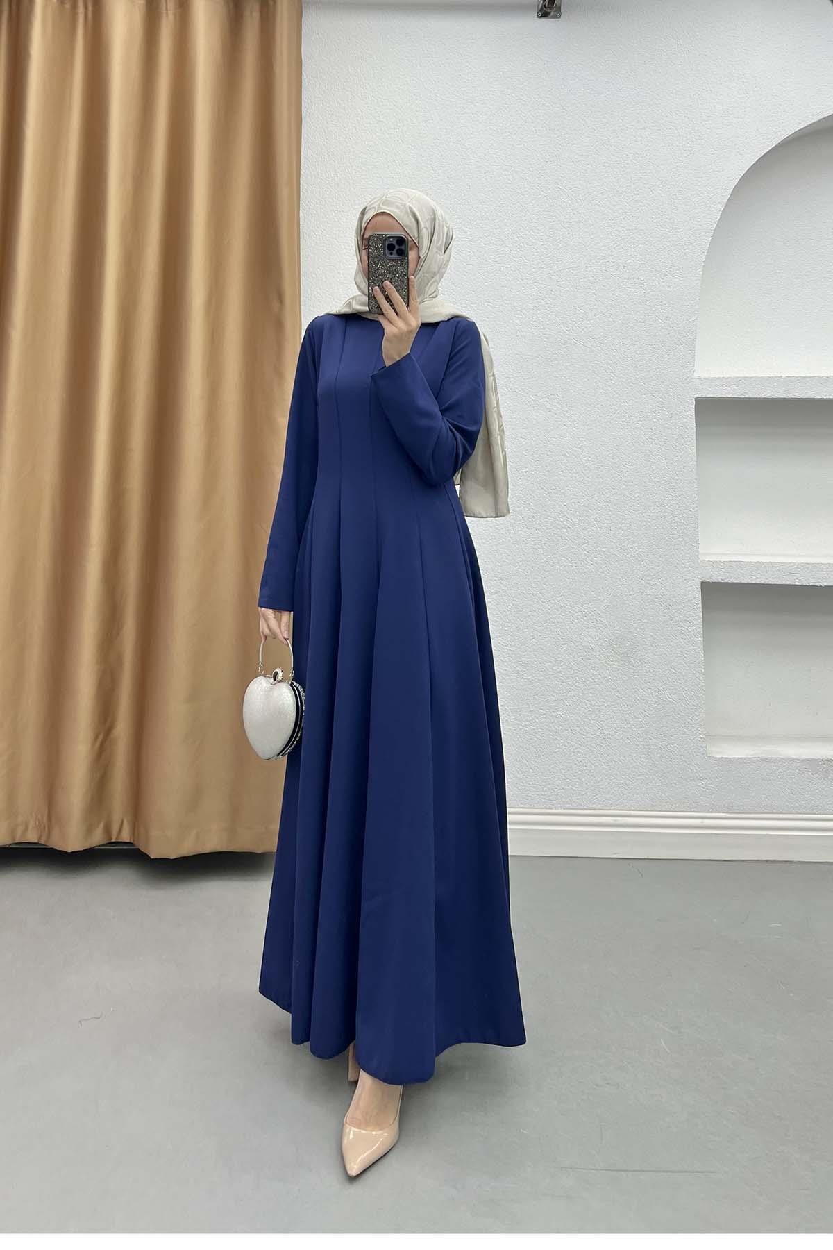Minimalist Kesim Kemerli Elbise Saks Mavi