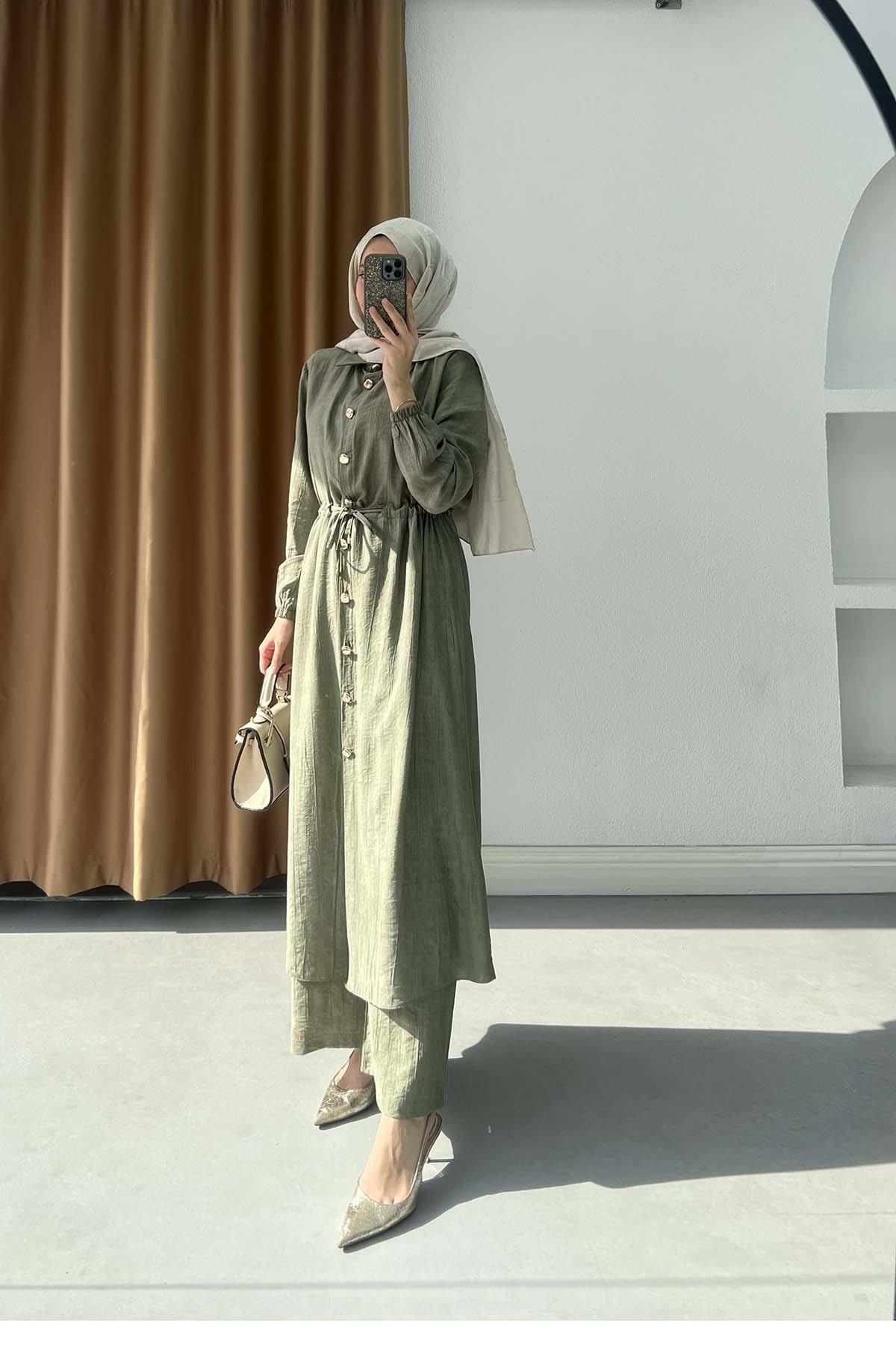 Modern Dokulu Belden Büzgülü Çilek Takım Yeşil