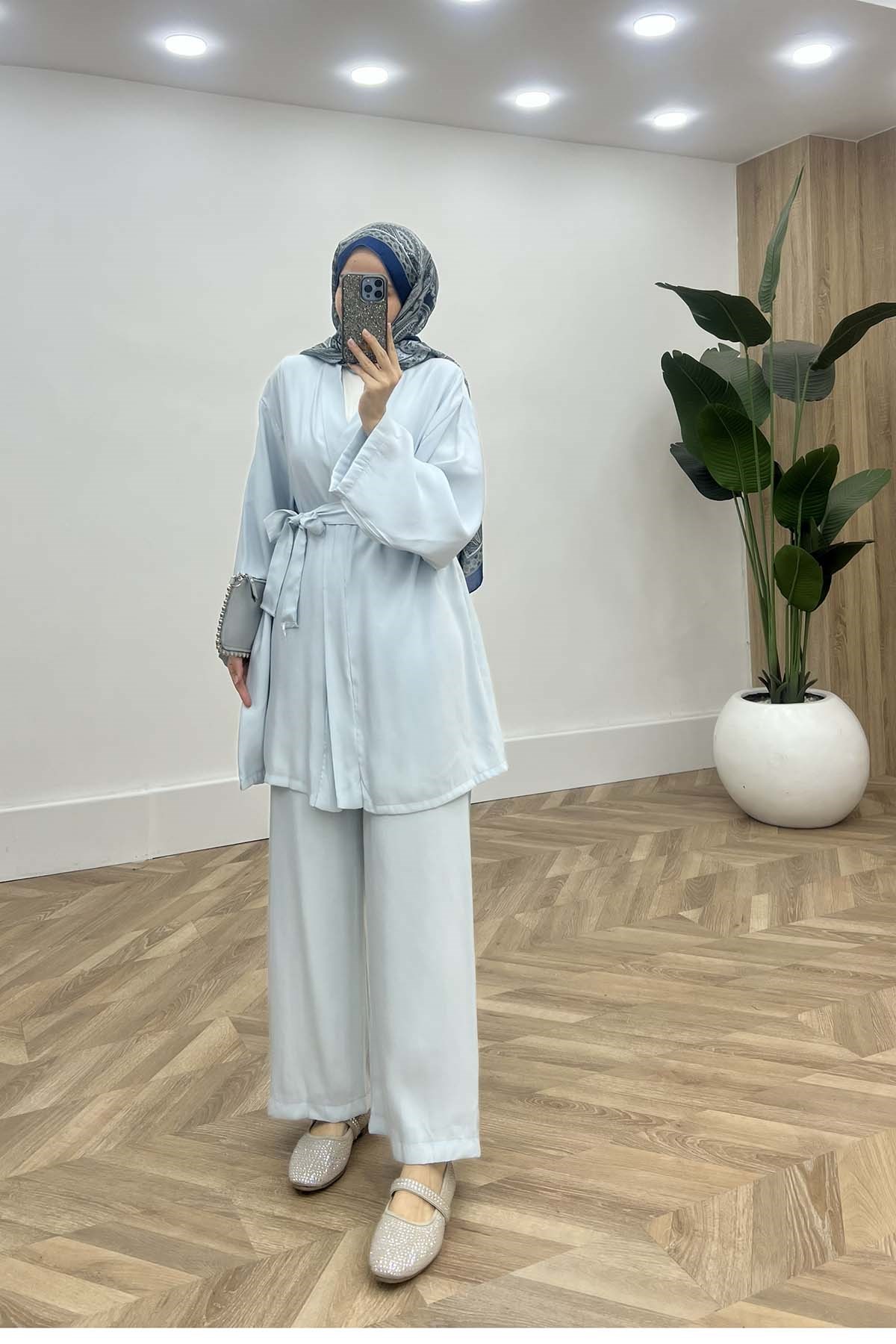 Modern Dökümlü Kimona Takım Bebe Mavi