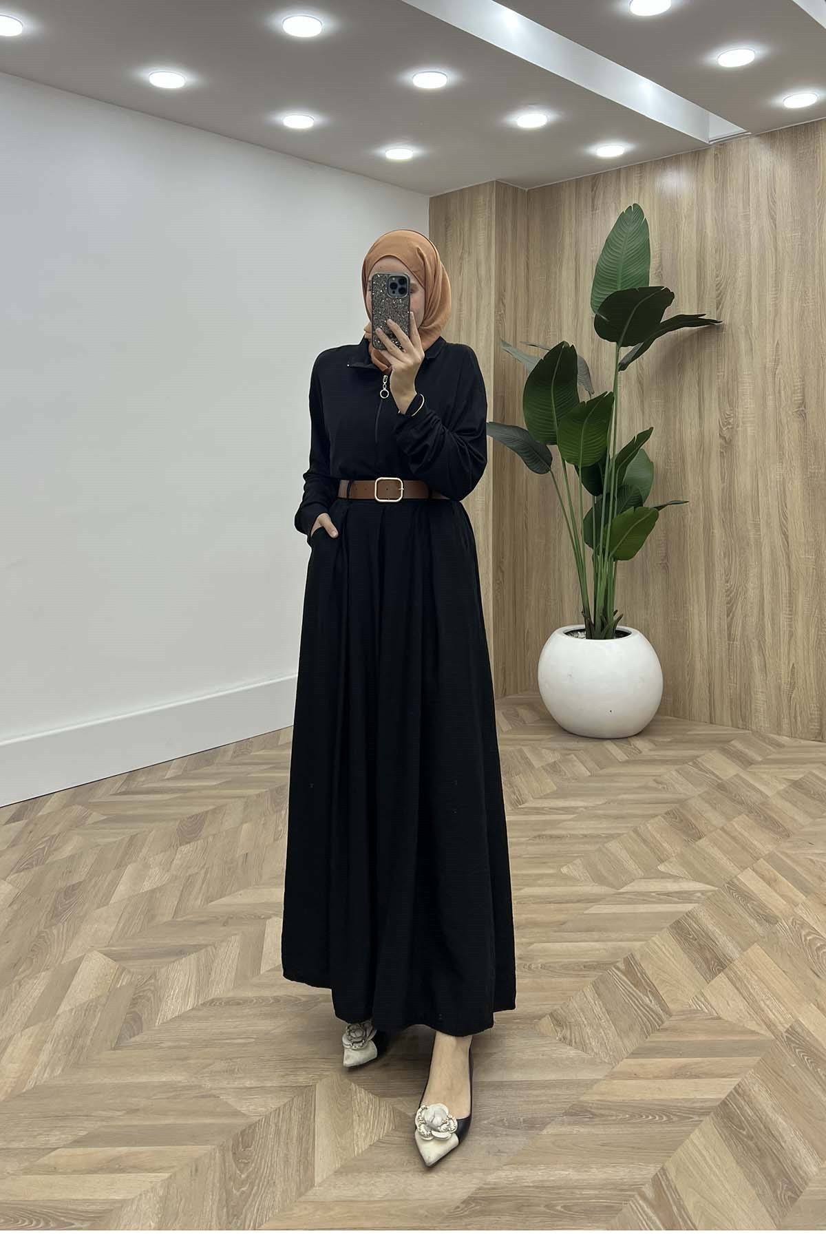 Modern Kemerli Dökümlü Çilek Pantalon Siyah