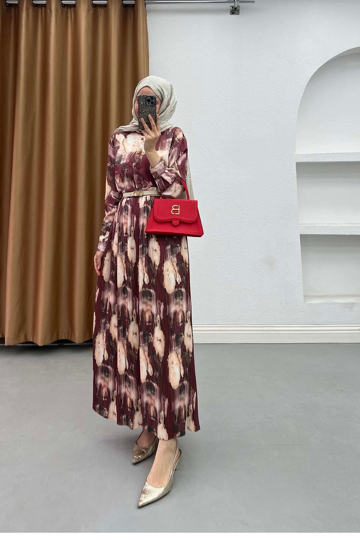 Modern Sanat Desenli Gömlek Takım Mürdüm