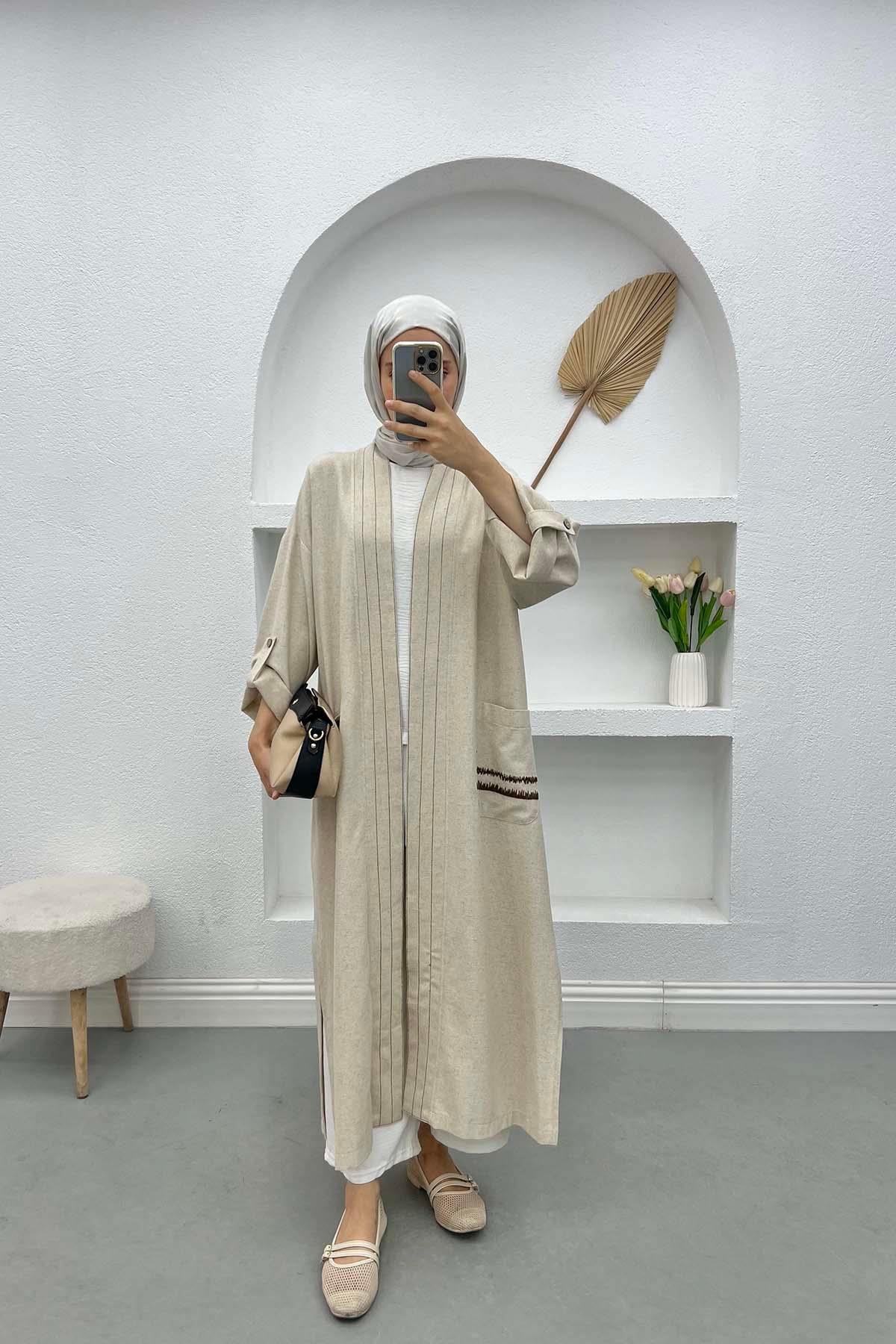 Nakışlı Keten Kimono Taş
