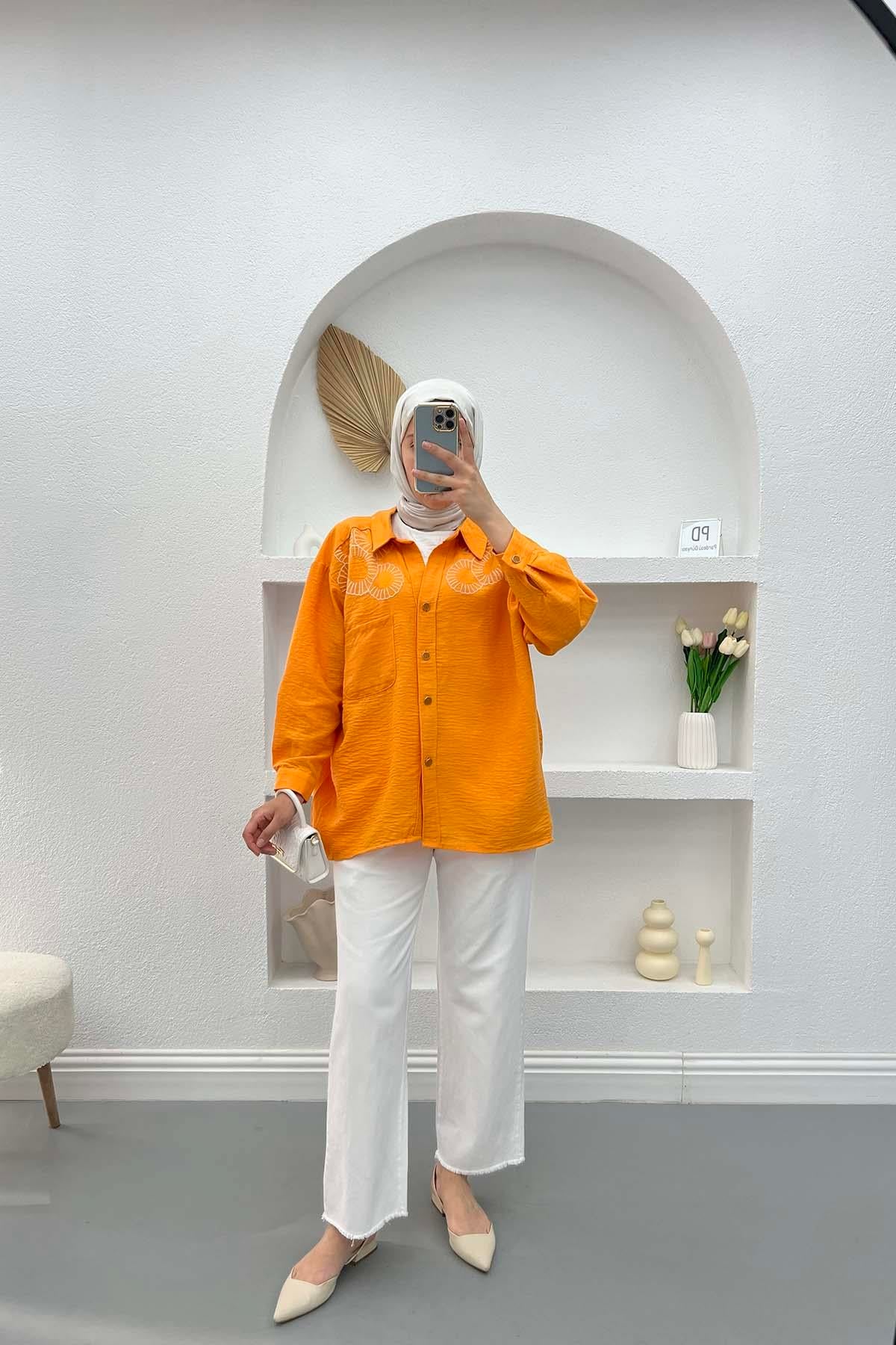 Nakışlı Oversize Gömlek Turuncu