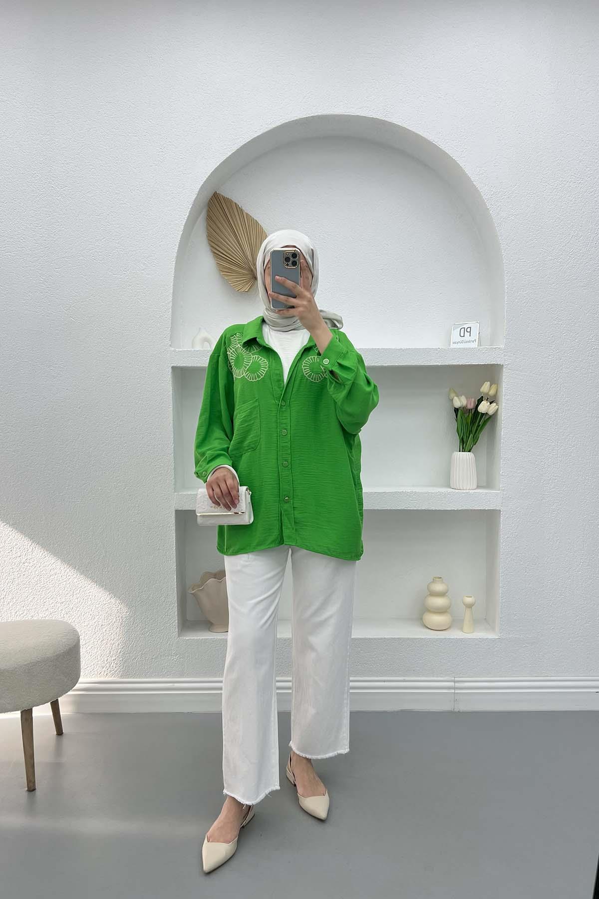 Nakışlı Oversize Gömlek Yeşil