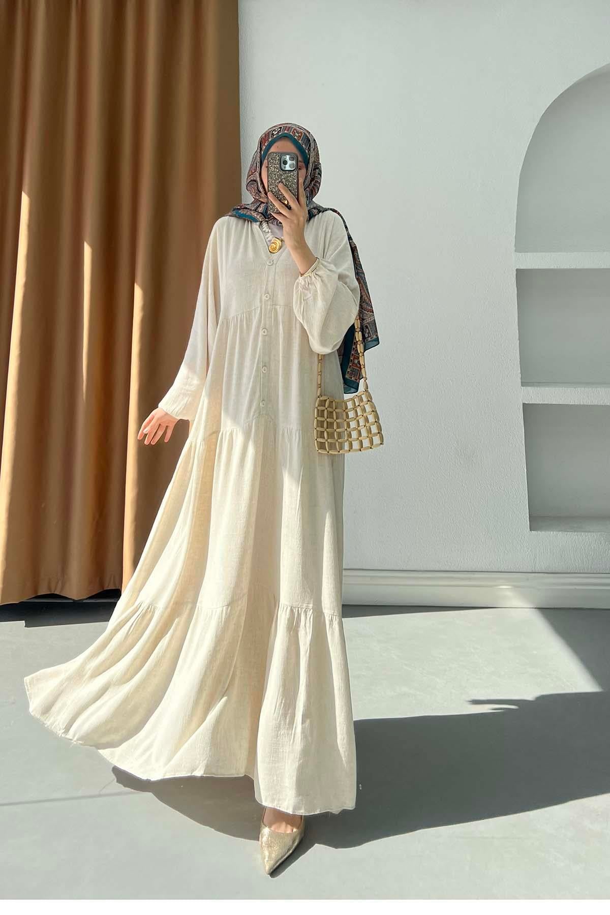 Naturel Dokulu Yarım Düğmeli Bohem Elbise Krem