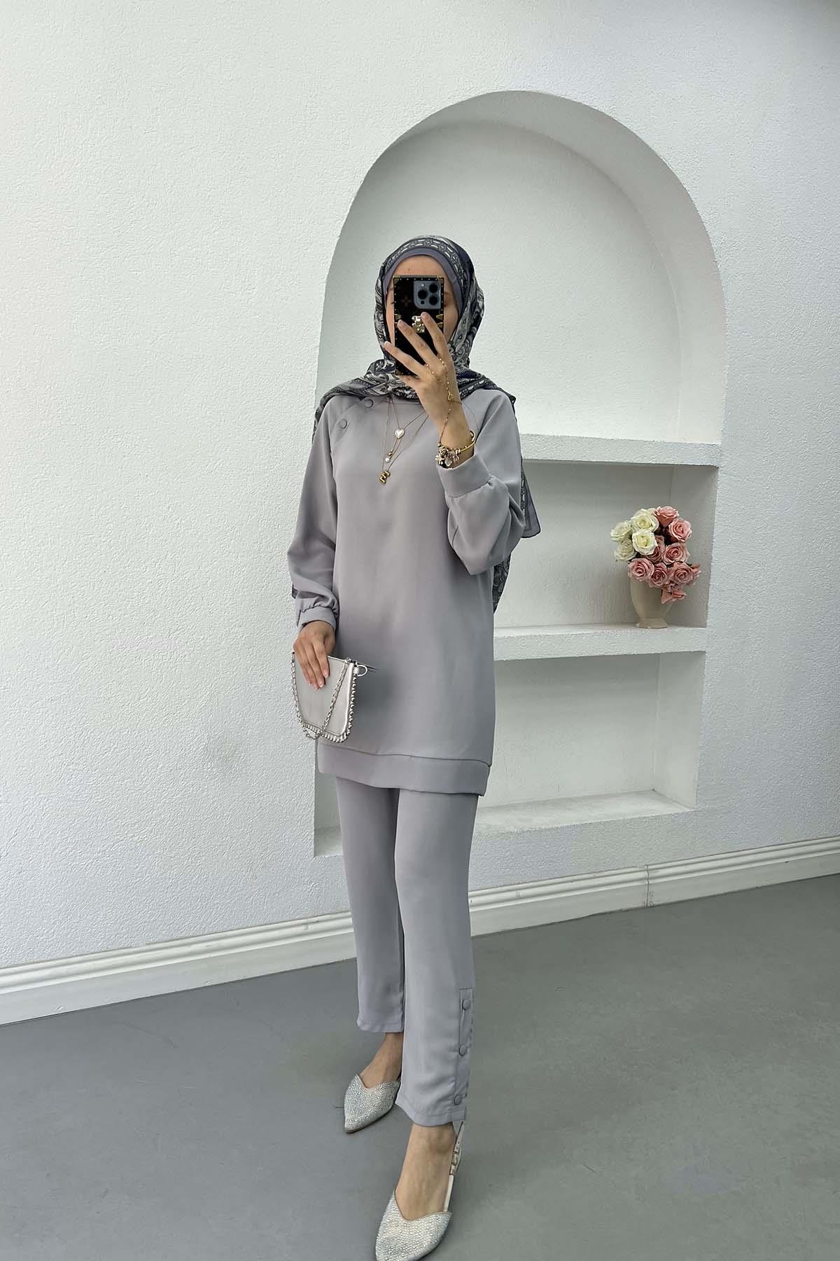 Omuzu Çıtçıtlı Pantalon Takım Gri