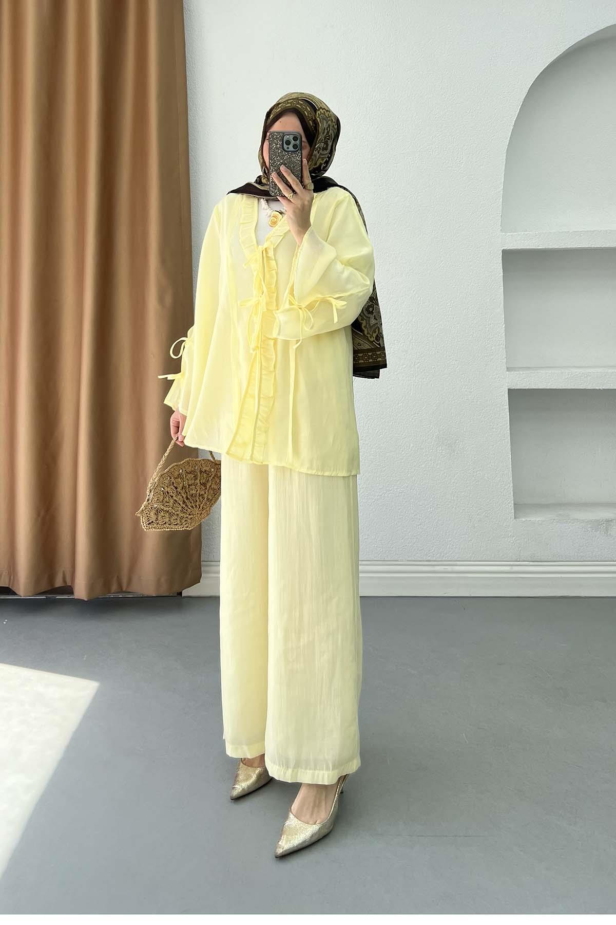 Önden Bağlama Detaylı Fırfırlı Kimono Takım Sarı