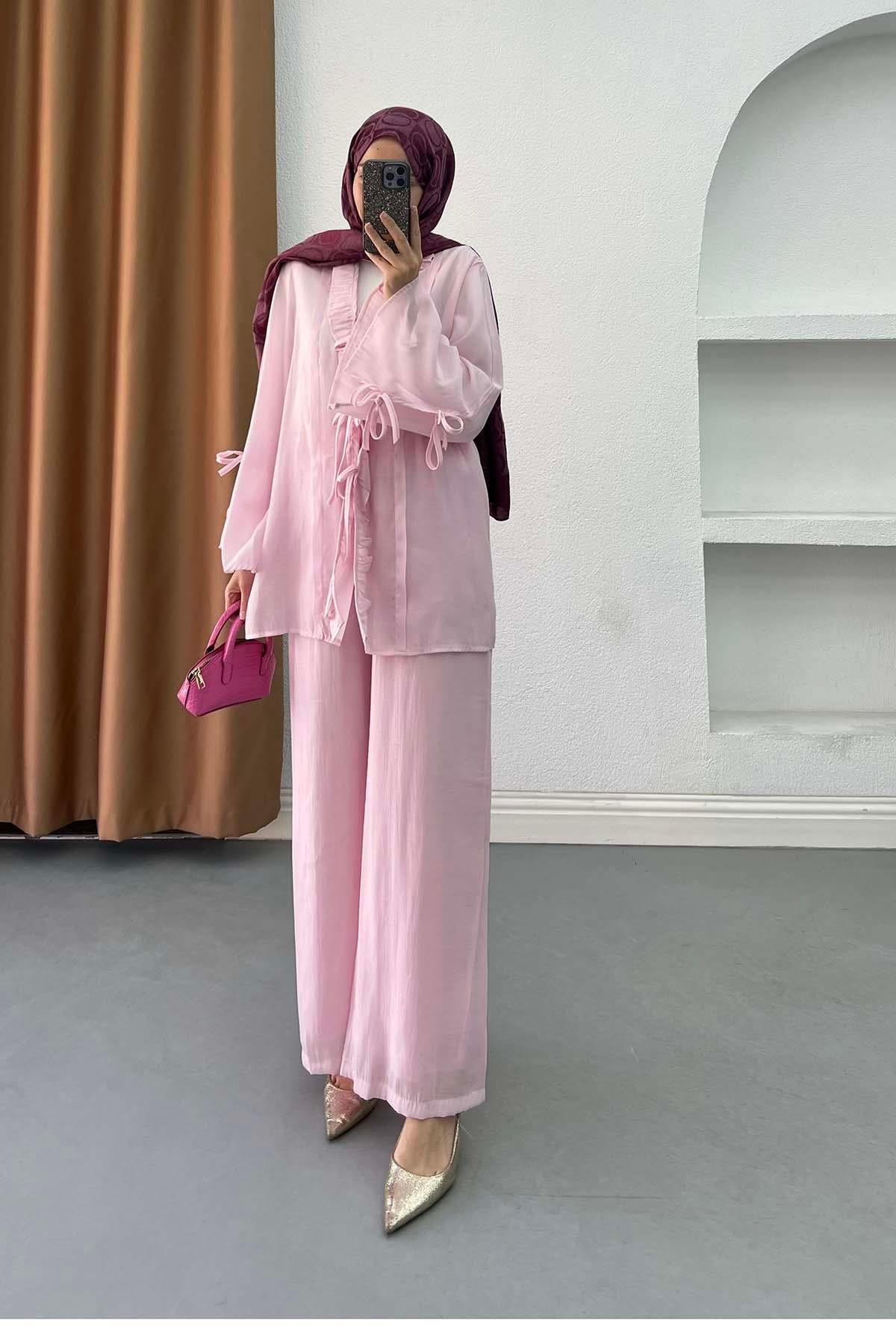 Önden Bağlama Detaylı Fırfırlı Kimono Takım Pembe