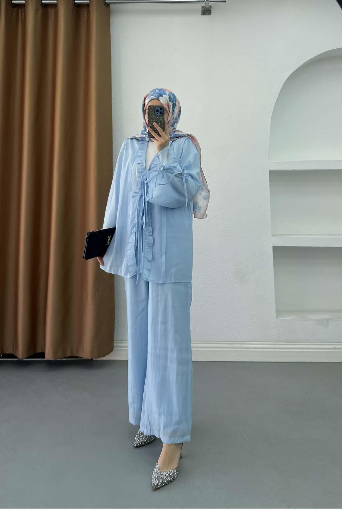 Önden Bağlama Detaylı Fırfırlı Kimono Takım Bebe Mavi