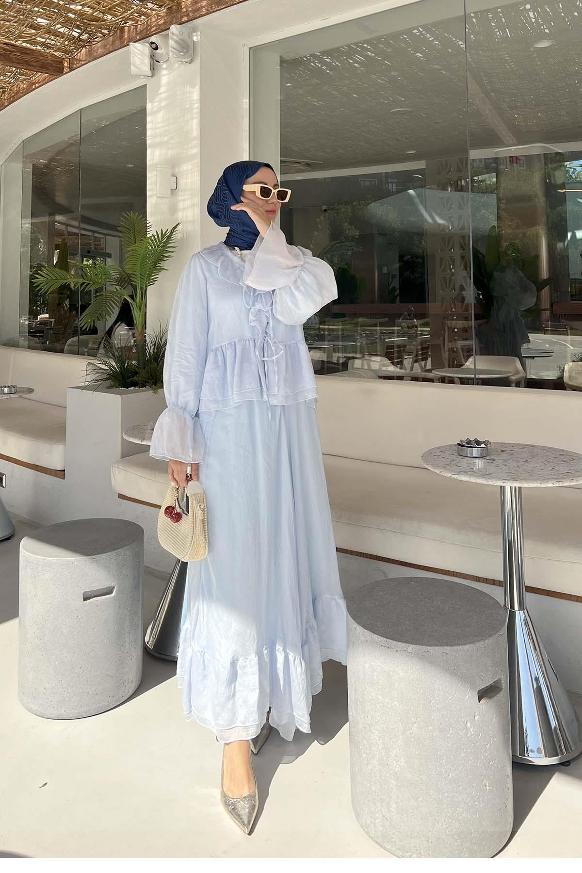 Önden Bağlamalı Fırfırlı (Astarlı) Takım Bebe Mavi