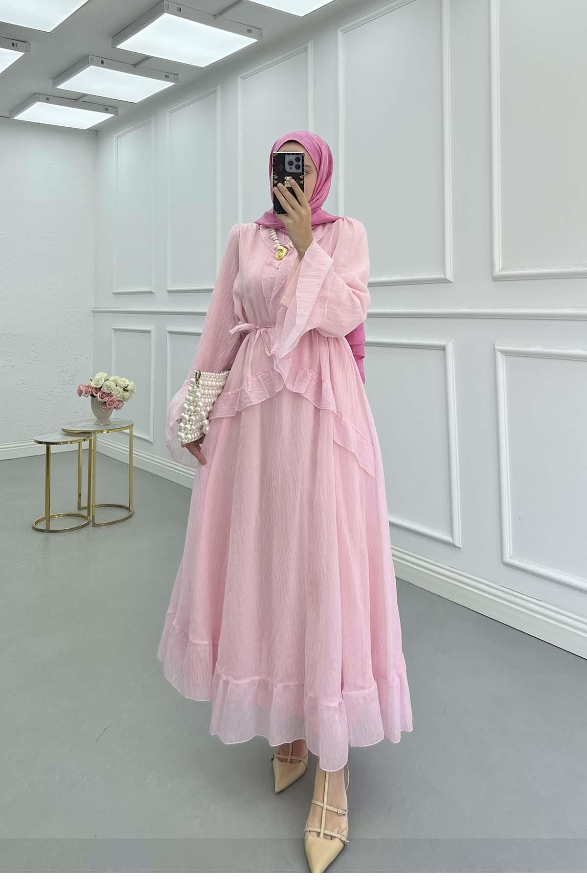 Önü Fırfırlı (Astarlı) Tül Elbise Pembe