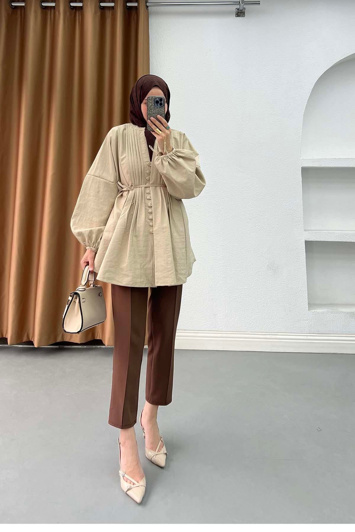 Önü Nervürlü Kemerli Modern Mango Gömlek Krem