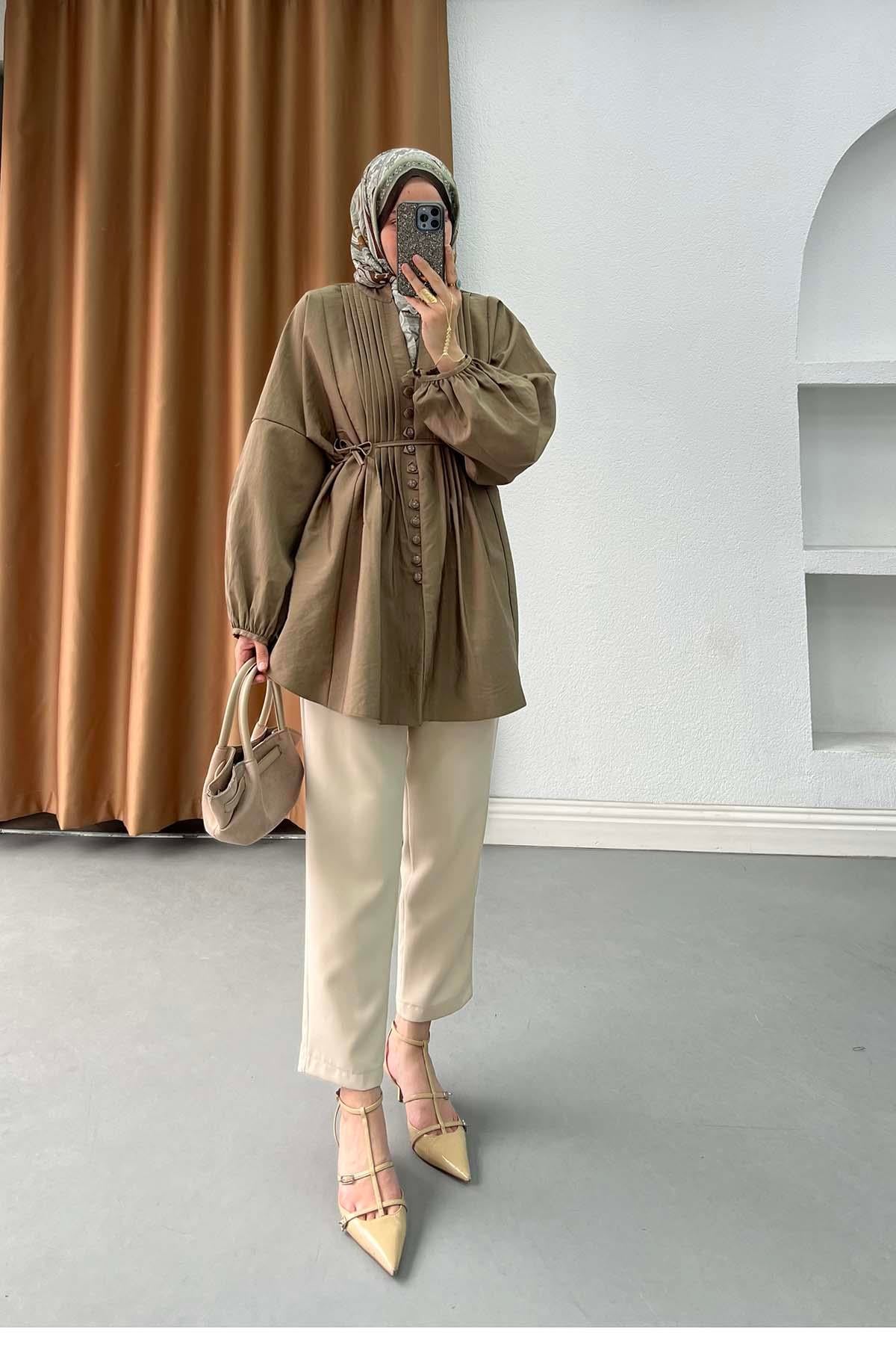Önü Nervürlü Kemerli Modern Mango Gömlek Vizon
