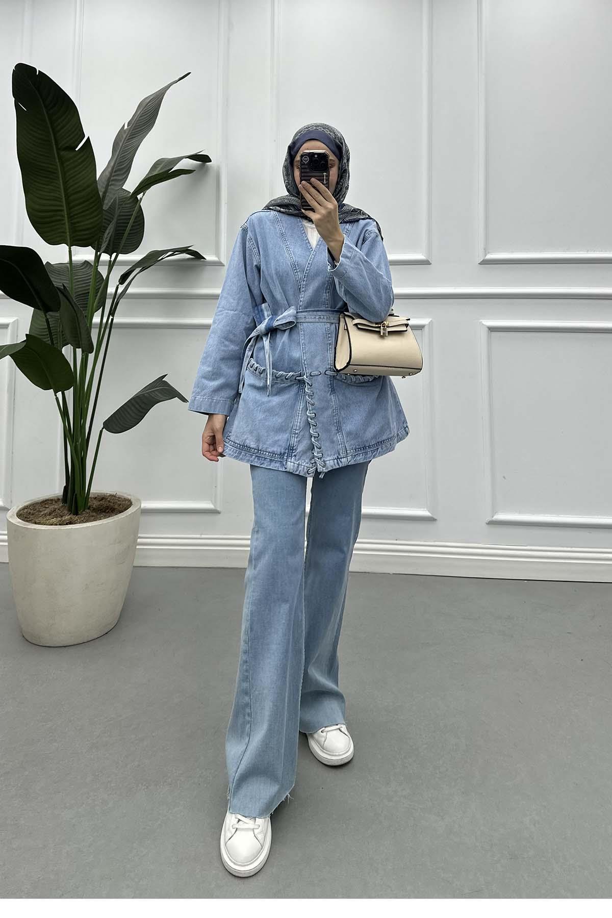 Örgü Detaylı Kuşaklı Denim Ceket Açık Mavi
