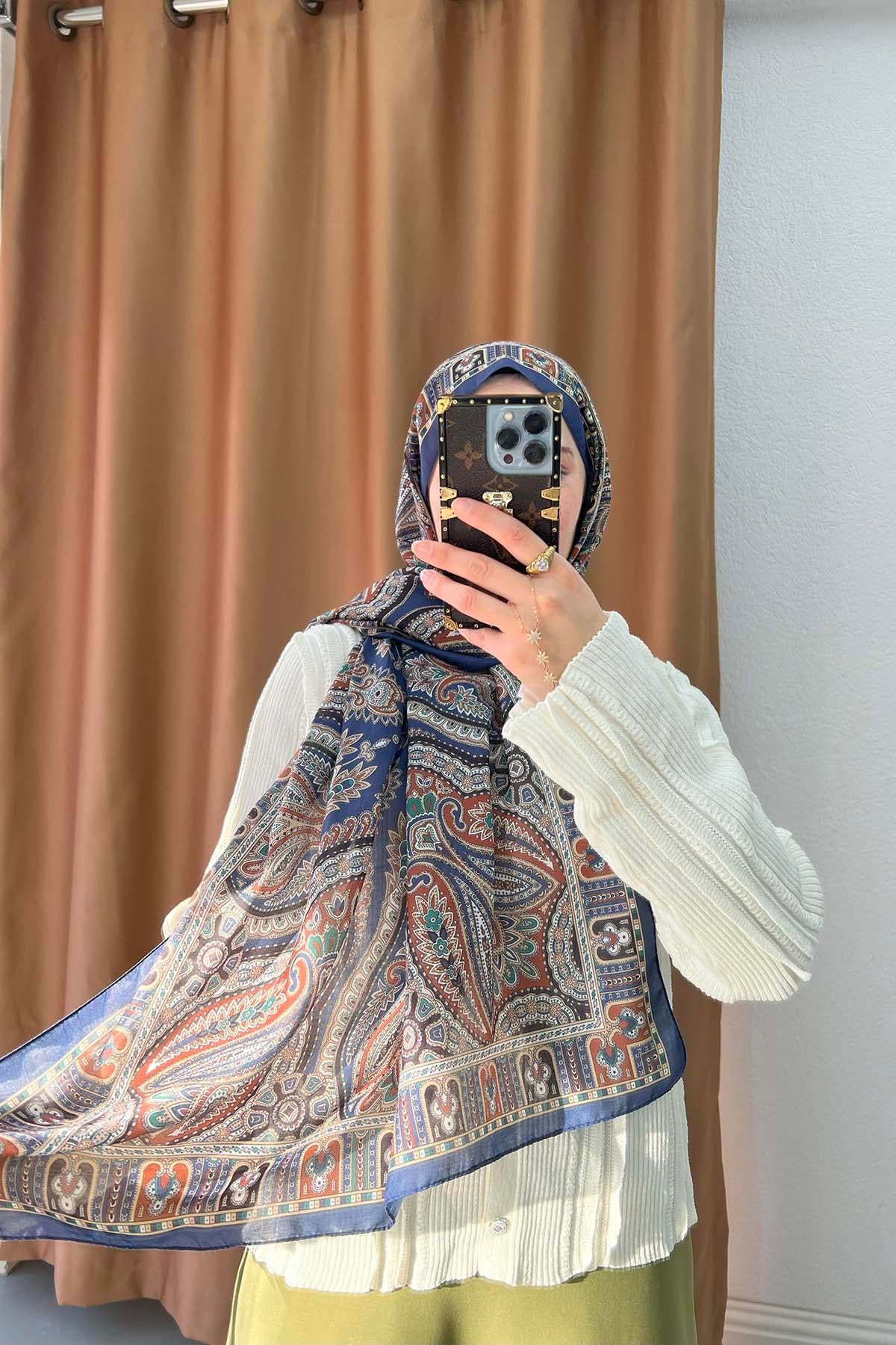 Otantik Desenli Şal Lacivert