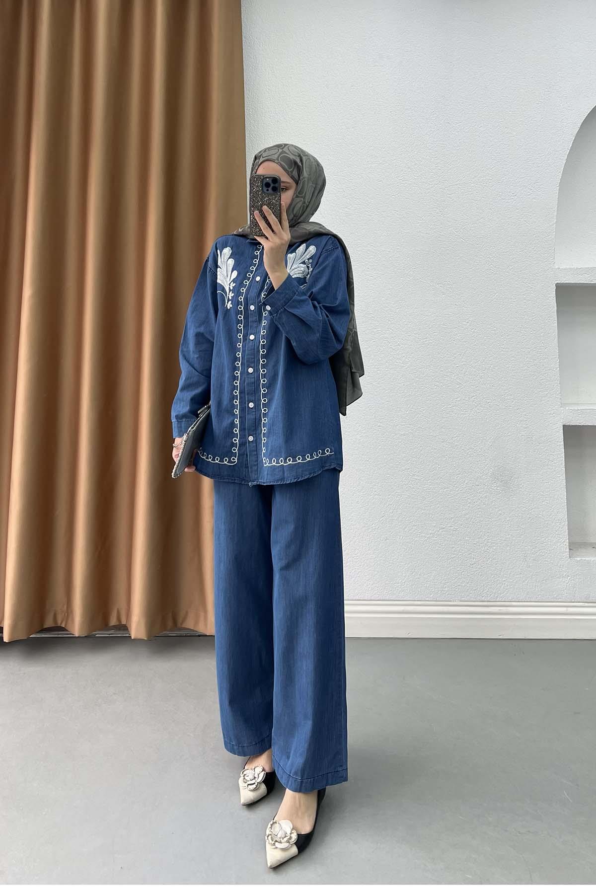 Otantik Nakışlı Tencel Kot Takım Mavi