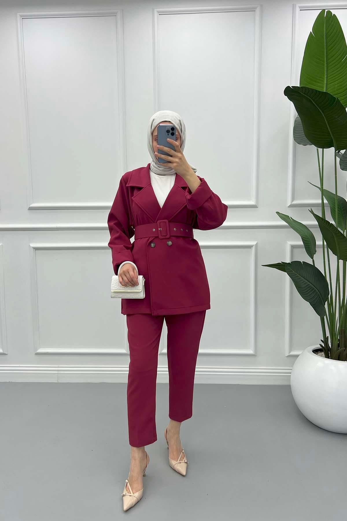 Oversize Ceket Takım Bordo