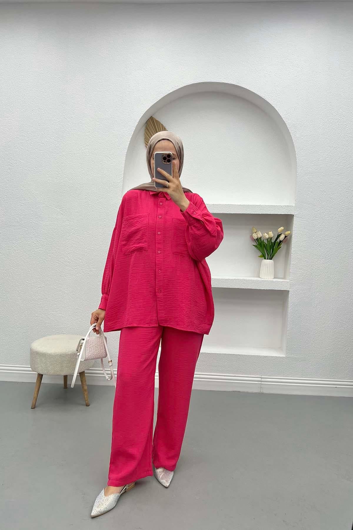 Oversize Cepli Keten Takım Fuşya