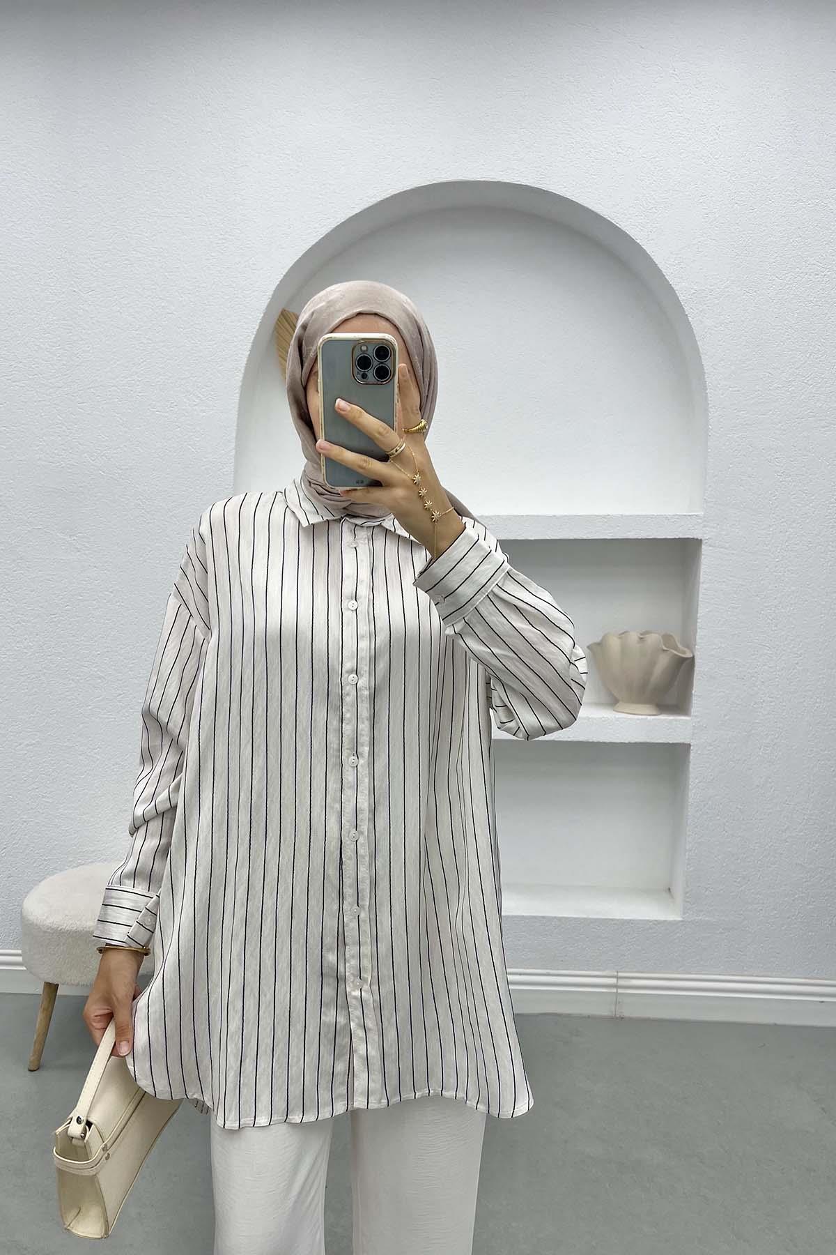 Oversize Çizgili Gömlek Siyah