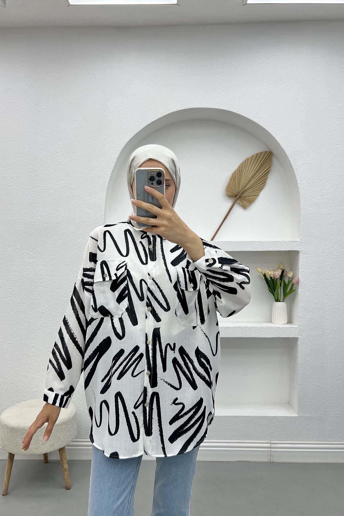 Oversize Desenli Gömlek Beyaz