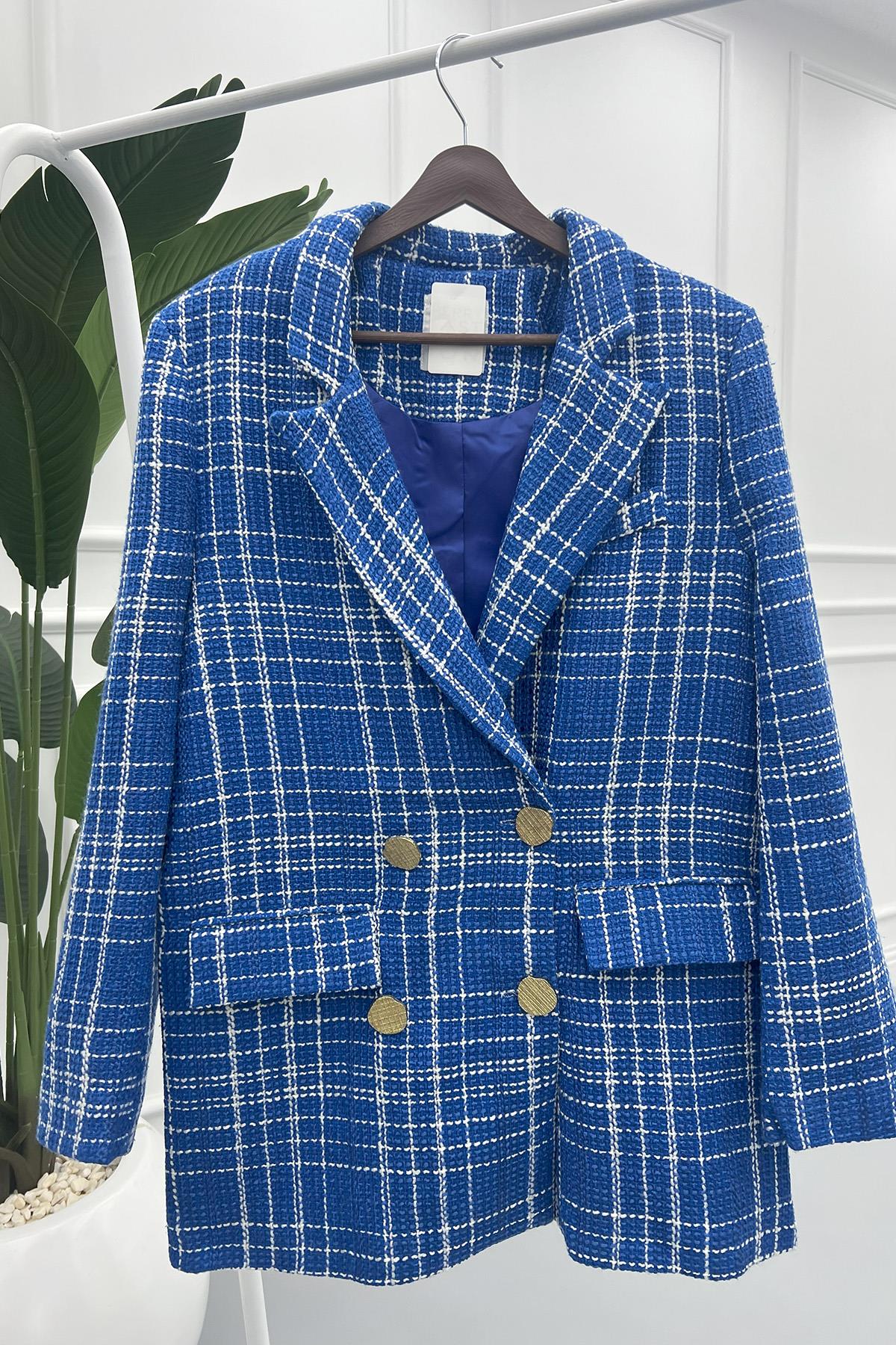 Oversize Ekose Ceket Mavi