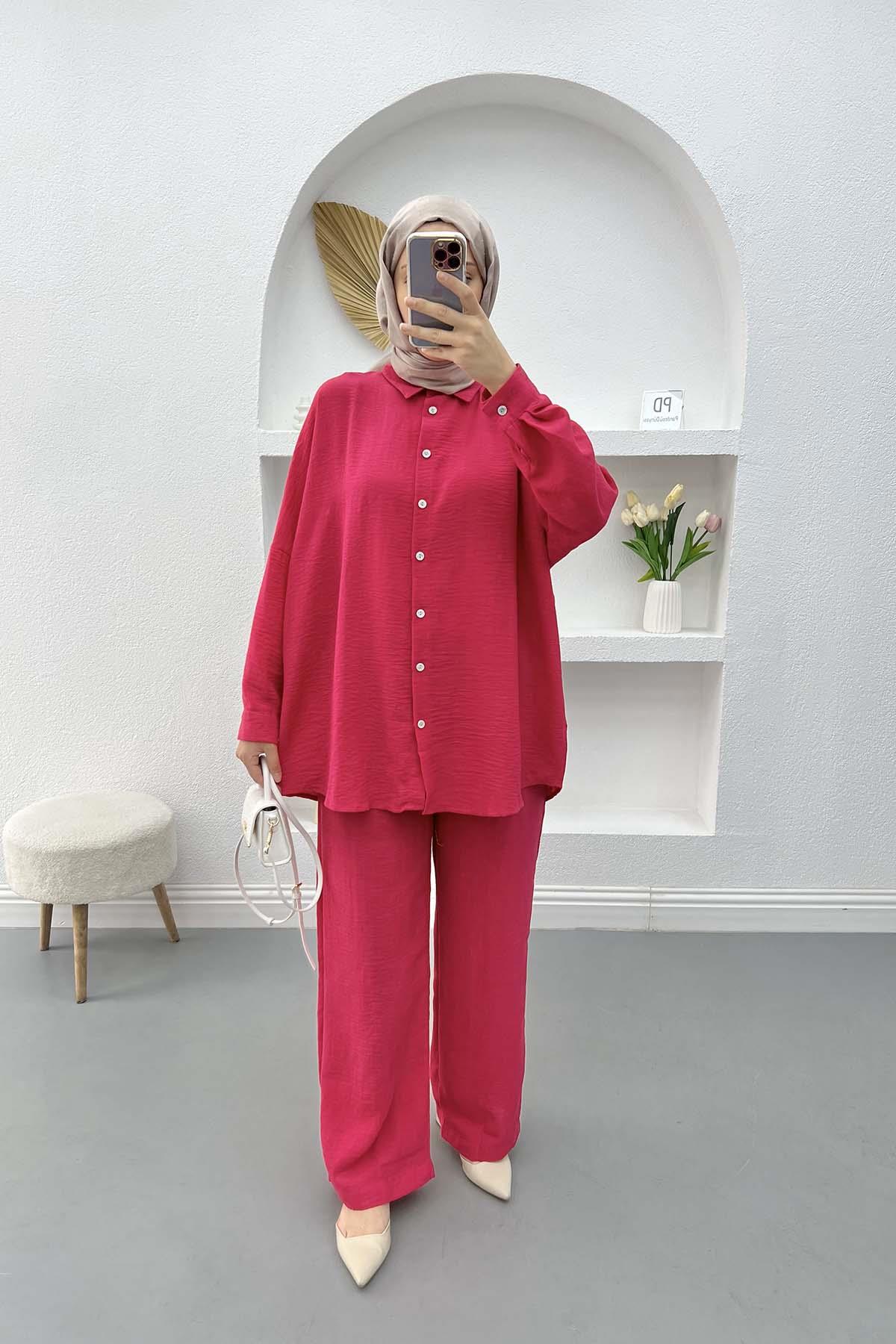 Oversize Keten Takım Fuşya