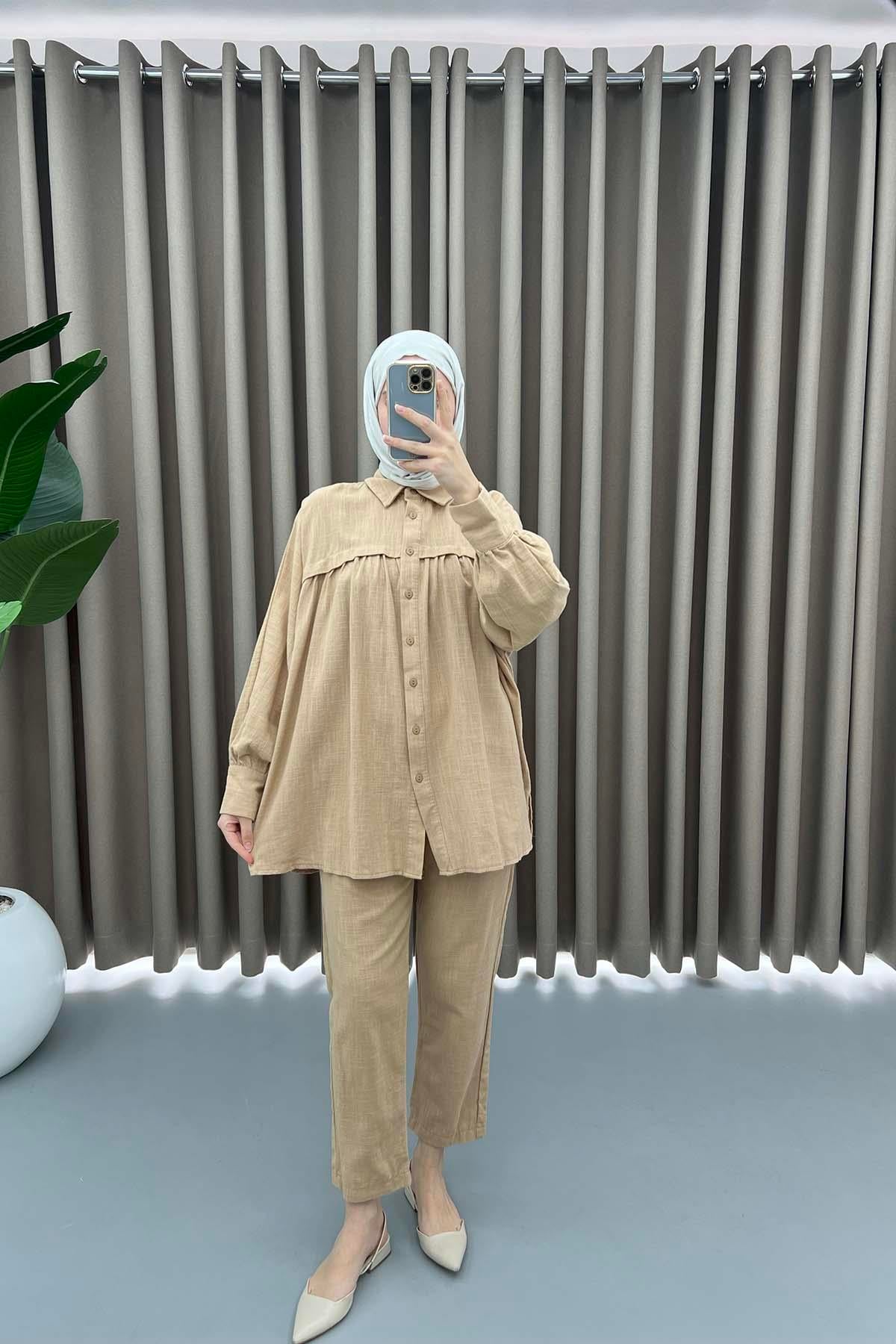 Oversize Keten Takım Sütlü Kahve