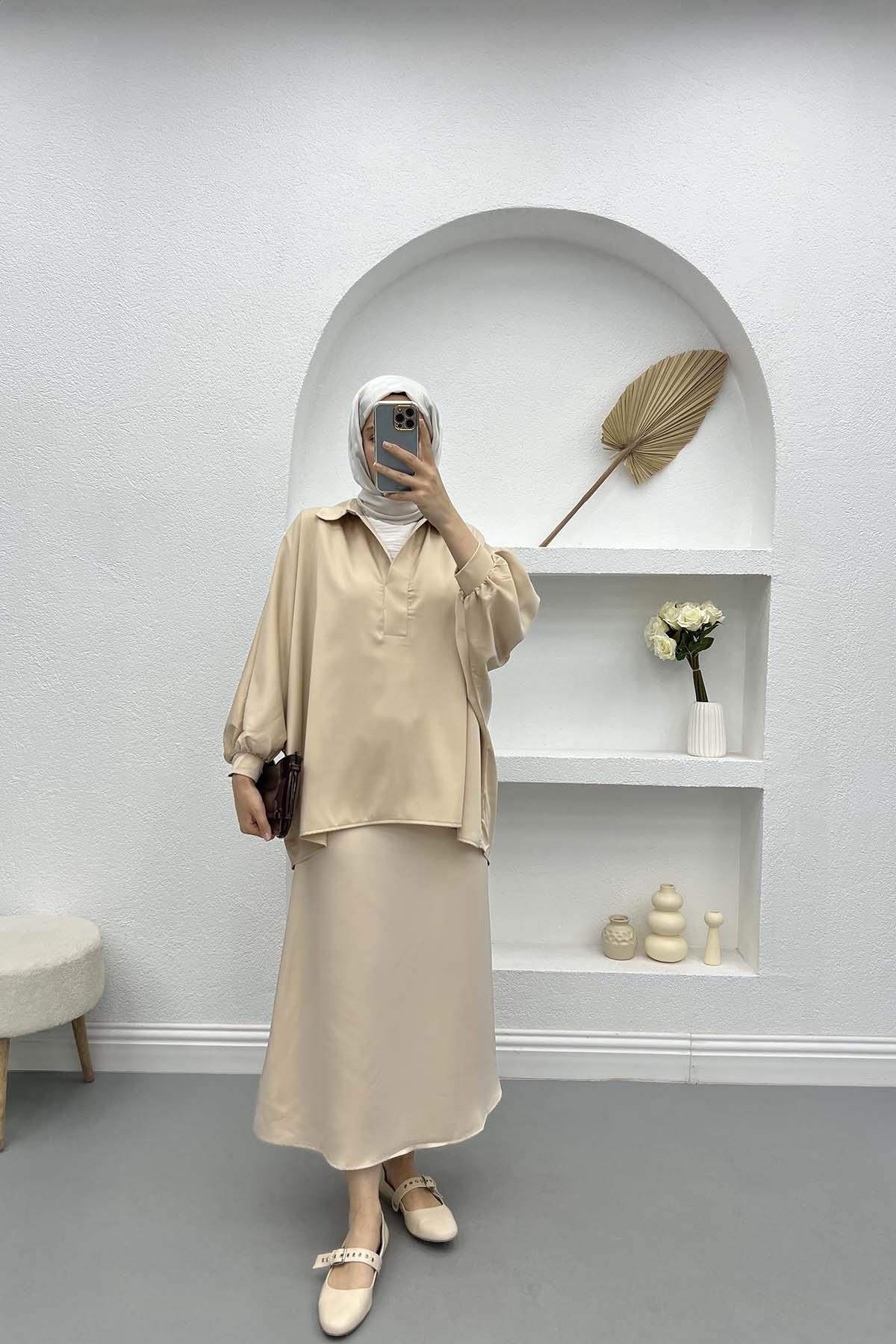 Oversize Saten Gömlek Bej