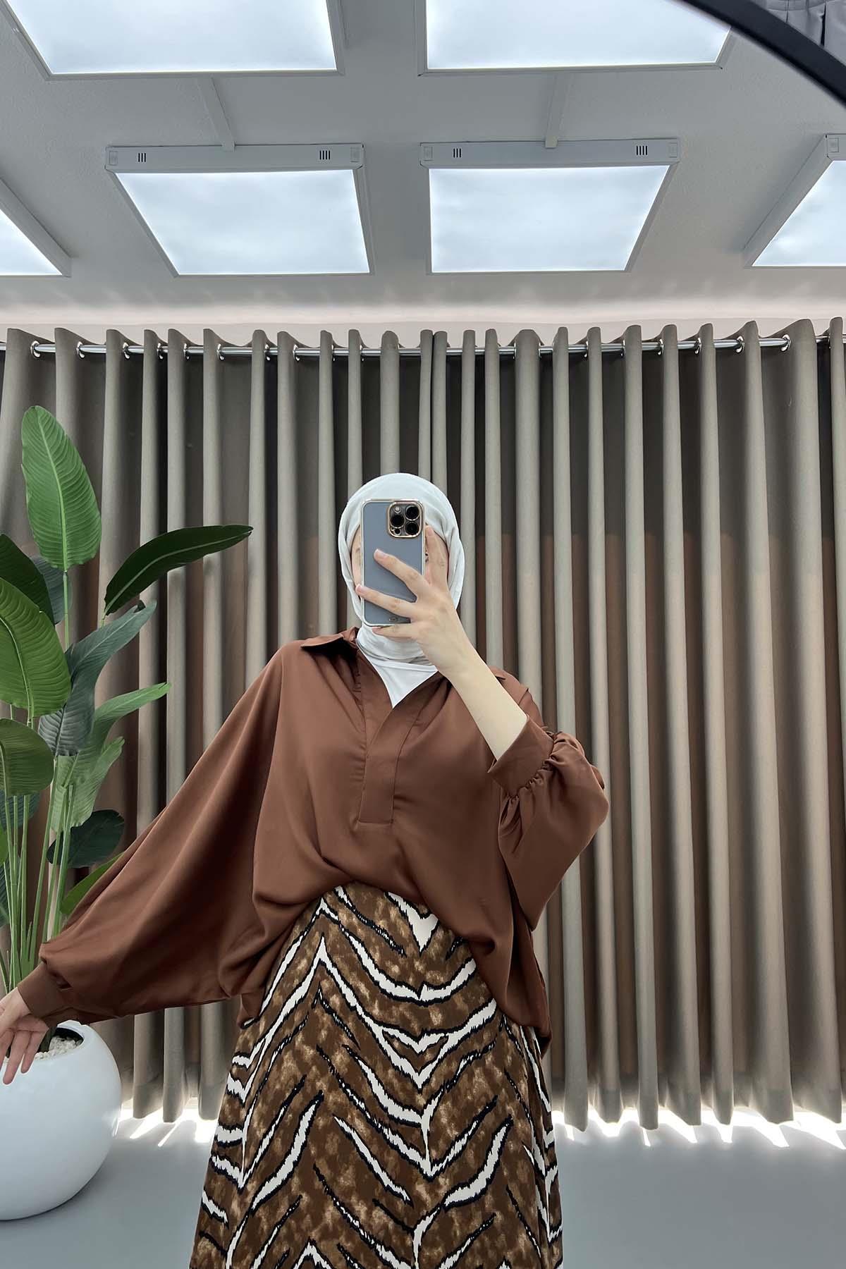 Oversize Saten Gömlek Kahve