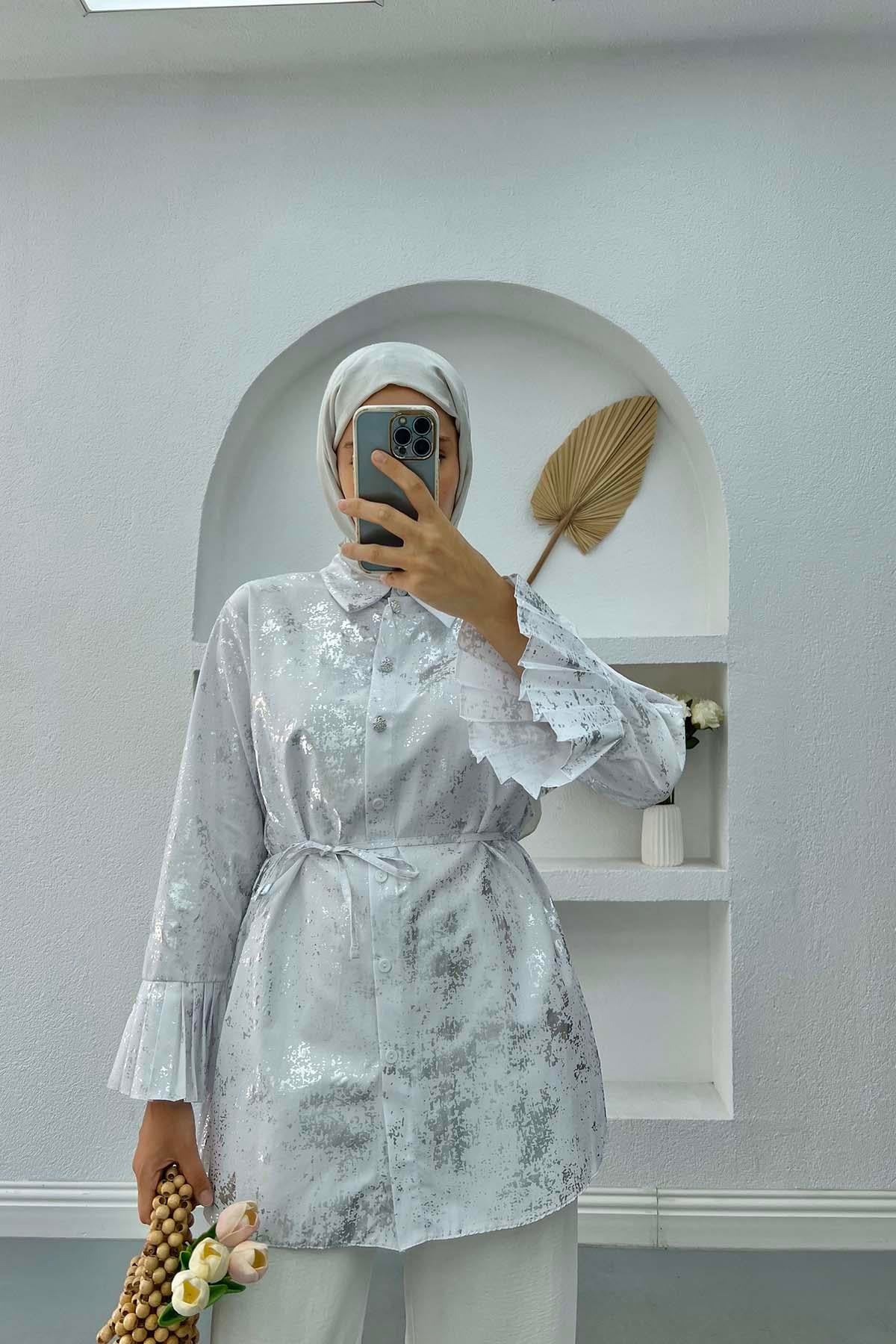 Parlak Desenli Bağlamalı Tunik Beyaz
